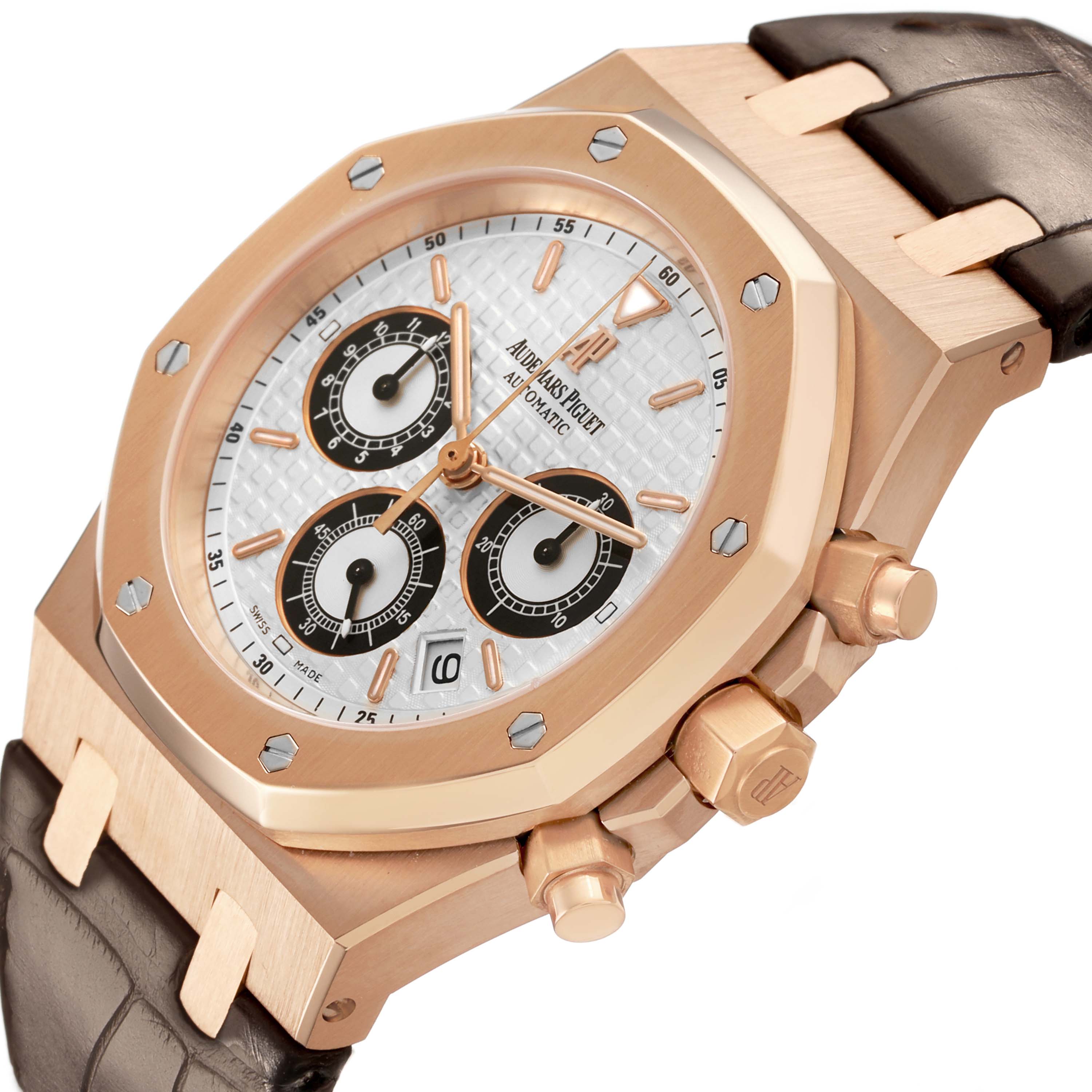 The Audemars Piguet Royal Oak 26022OR.OO.D098CR.01 Men's Rose Gold Silver Dial watch is shown at a three-quarter angle, displaying the face, bezel, crown, and strap.