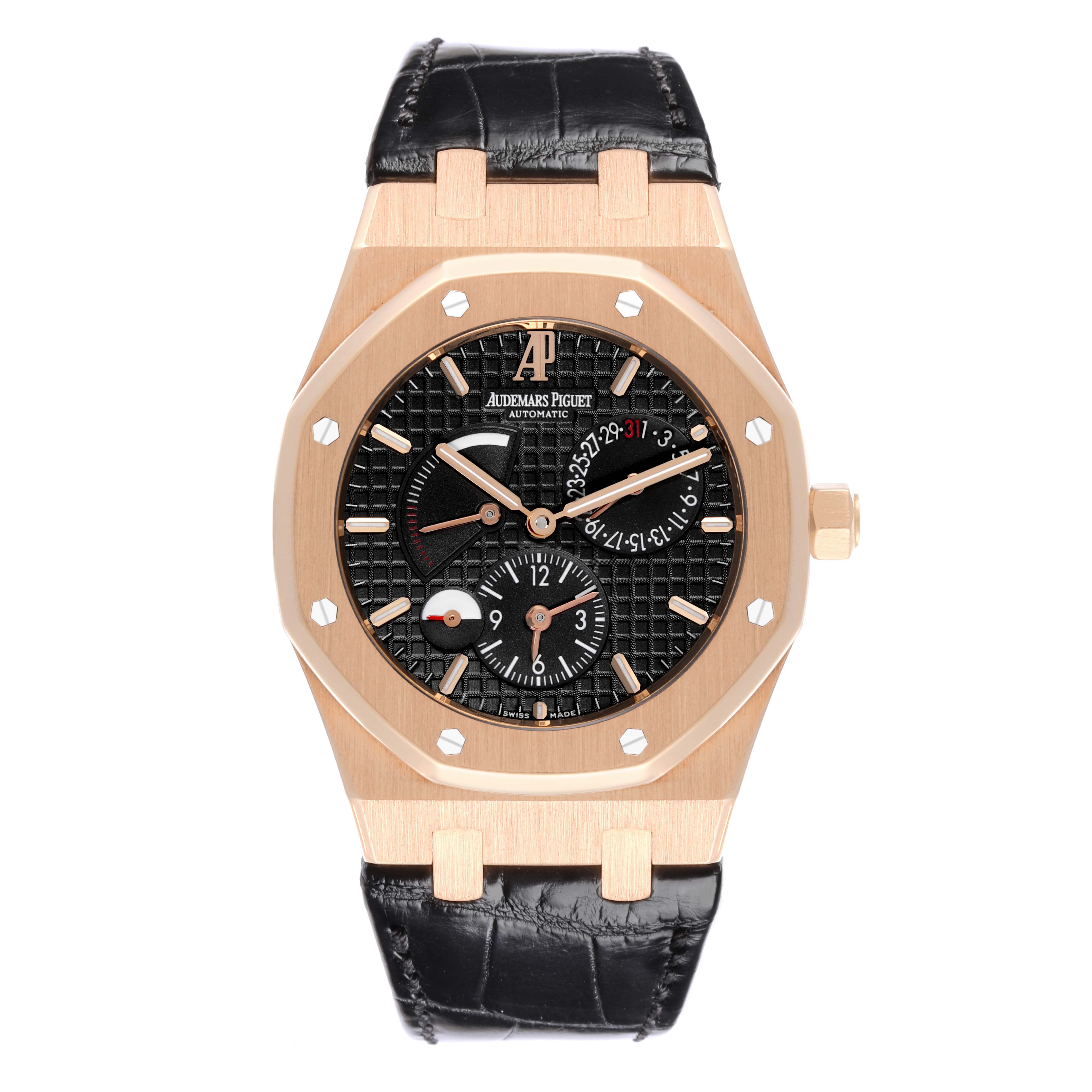 The Audemars Piguet Royal Oak 26120OR Men's Rose Gold Black Dial 26120OR Men's Rose Gold Black Dial is shown from the front, highlighting the case, dial, crown, and leather strap.