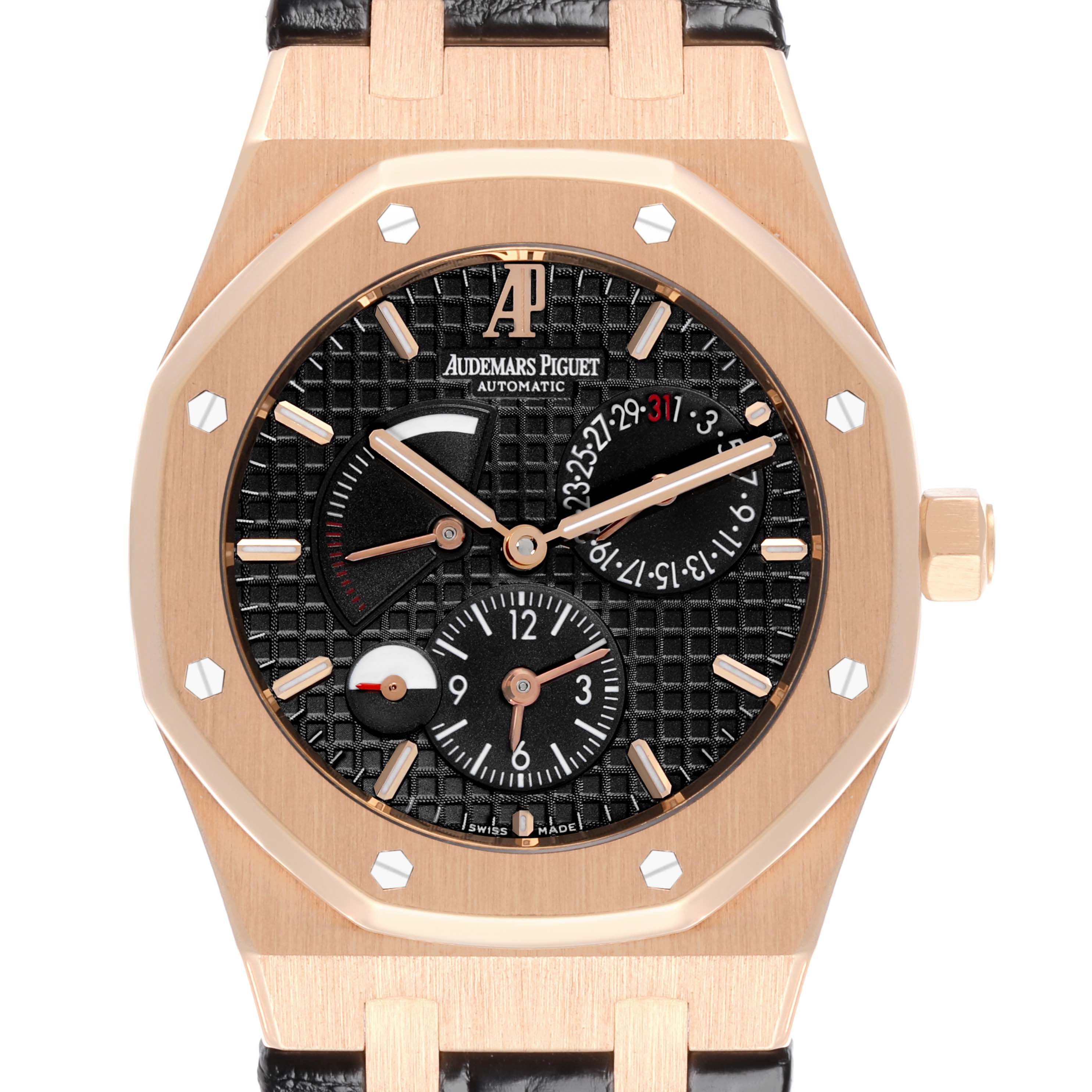 The Audemars Piguet Royal Oak 26120OR Men's Rose Gold Black Dial 26120OR Men's Rose Gold Black Dial watch is shown from the front, highlighting its dial, bezel, and case.