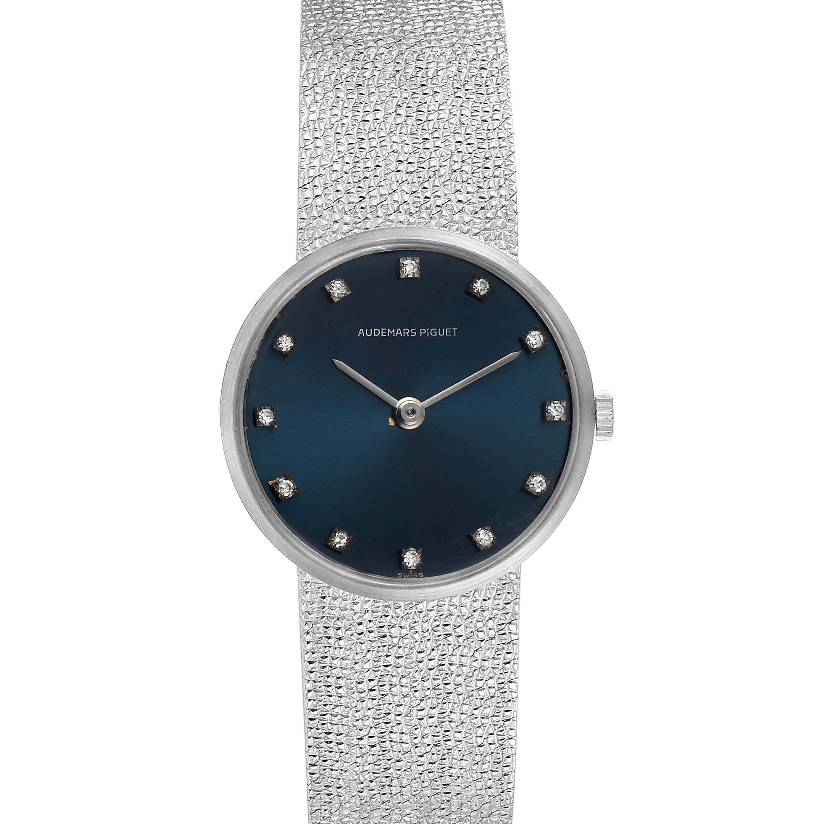 This image shows the face and band of a Vintage Audemars Piguet watch from a front view angle.