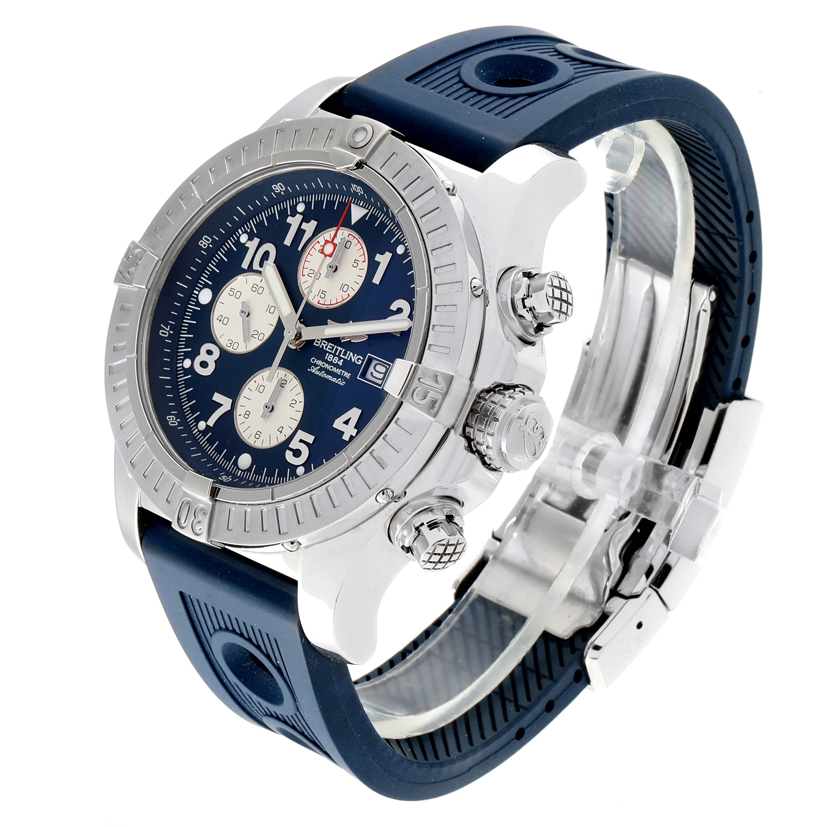 This image shows the Breitling Avenger A13370 Men
s Stainless Steel Blue Dial A13370 Men
s Stainless Steel Blue Dial watch at an angle that highlights its face, bezel, crown, pushers, and strap.