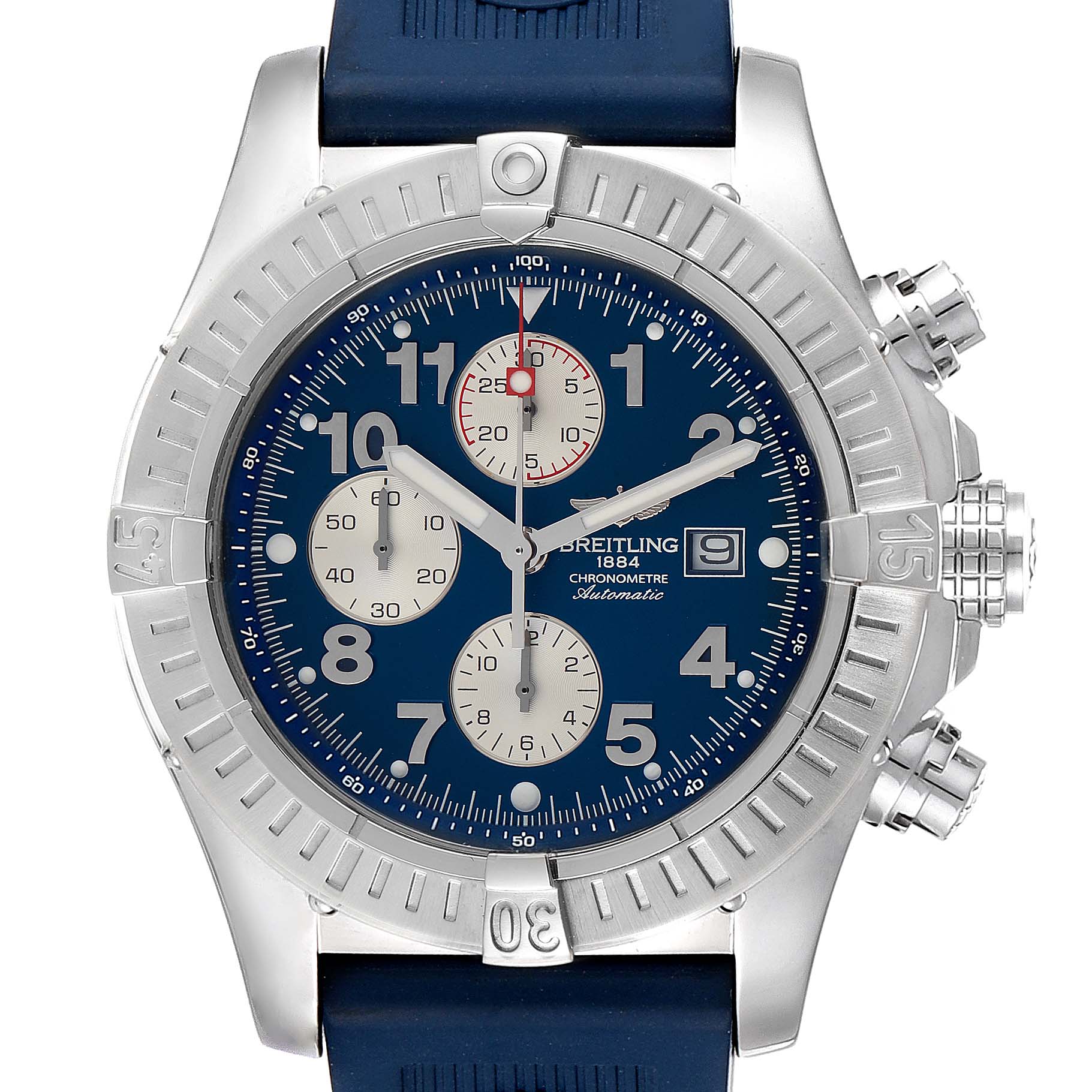 The image shows a front view of a Breitling Avenger A13370 Men
s Stainless Steel Blue Dial A13370 Men
s Stainless Steel Blue Dial watch featuring a blue dial, chronograph sub-dials, and a date window at 3 o
clock.