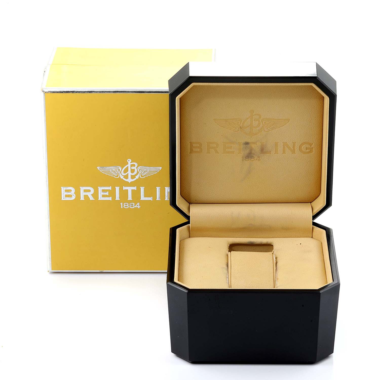 The image shows the open box and outer packaging for a Breitling Avenger A13370 Men
s Stainless Steel Blue Dial A13370 Men
s Stainless Steel Blue Dial watch, with the interior and logo visible.
