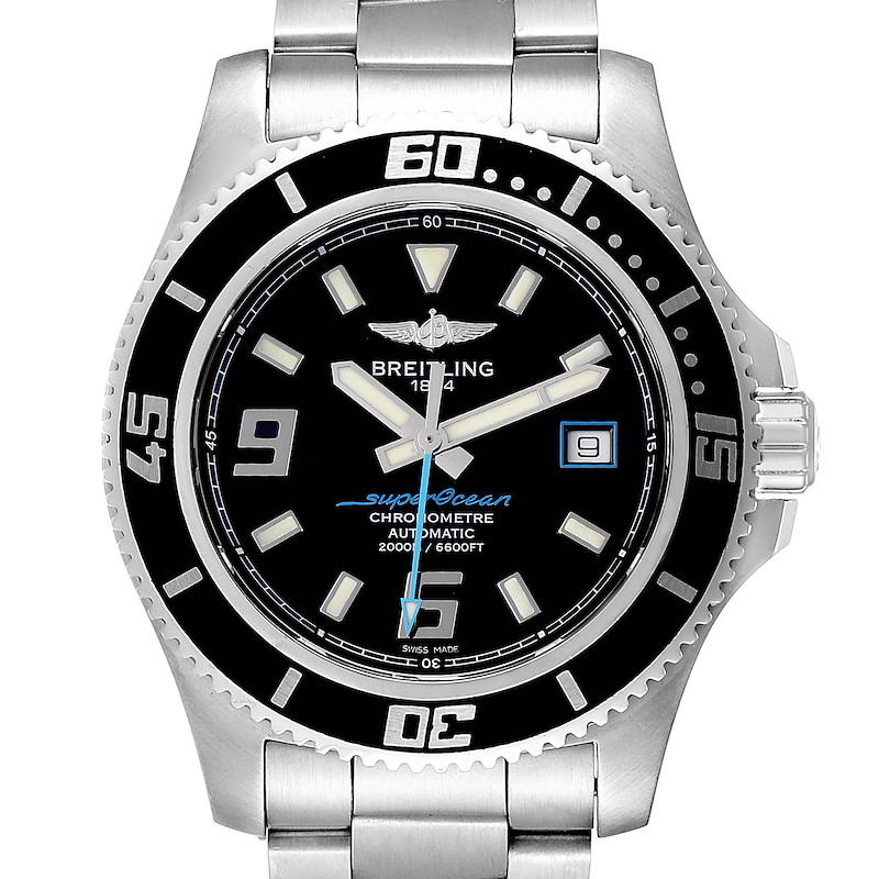 The image shows a front view of a Breitling Superocean watch, detailing its face, bezel, and part of the metal strap.