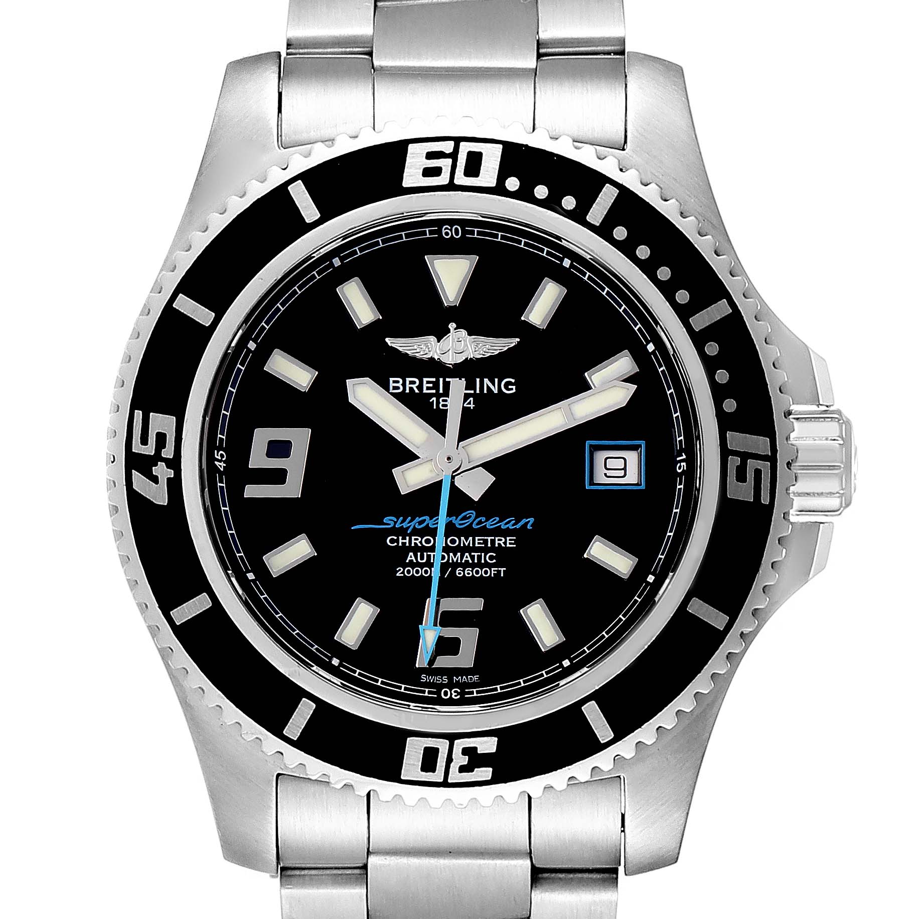 The image shows a front view of a Breitling Superocean A17391 Men's Stainless Steel Black Dial A17391 Men's Stainless Steel Black Dial watch, detailing its face, bezel, and part of the metal strap.