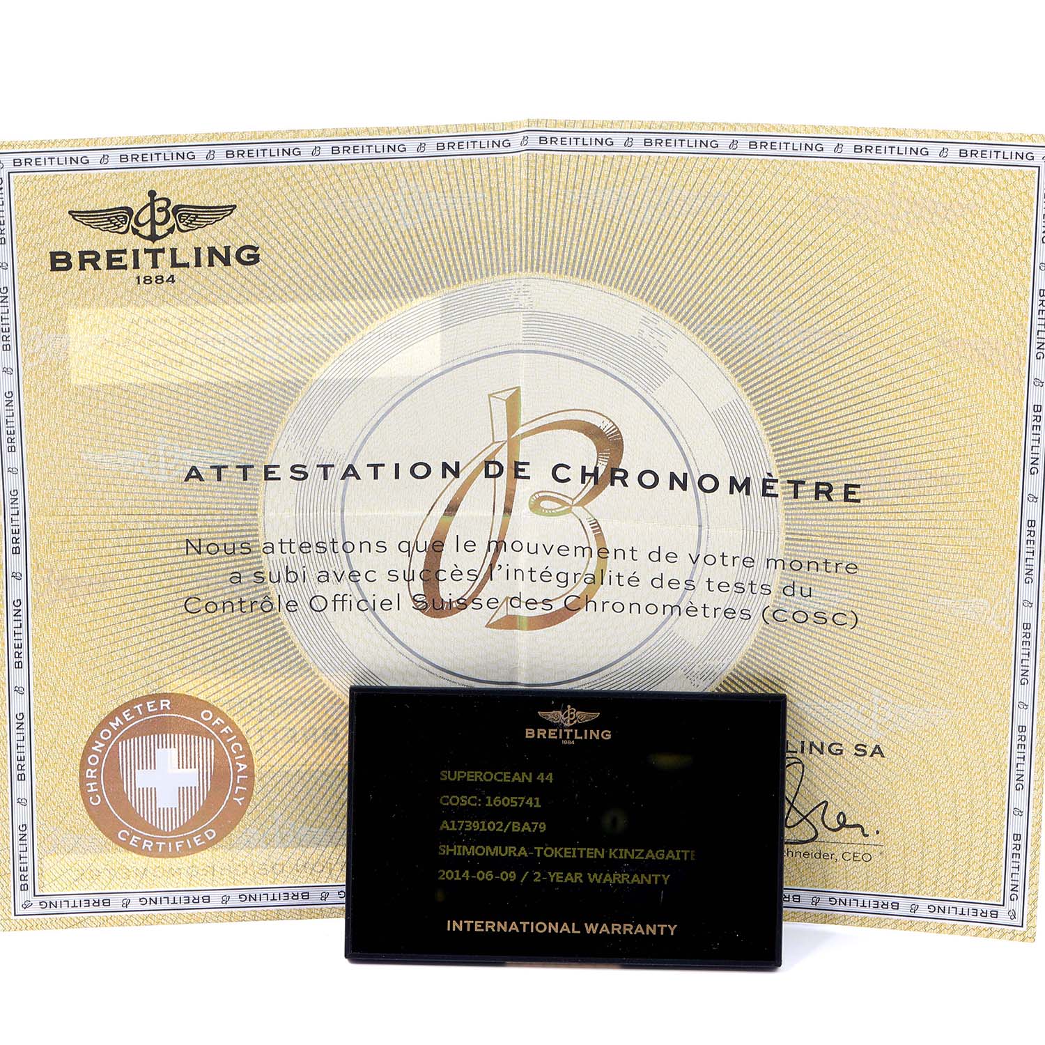 The image shows the warranty card and chronometer certificate for the Breitling Superocean A17391 Men's Stainless Steel Black Dial A17391 Men's Stainless Steel Black Dial model.