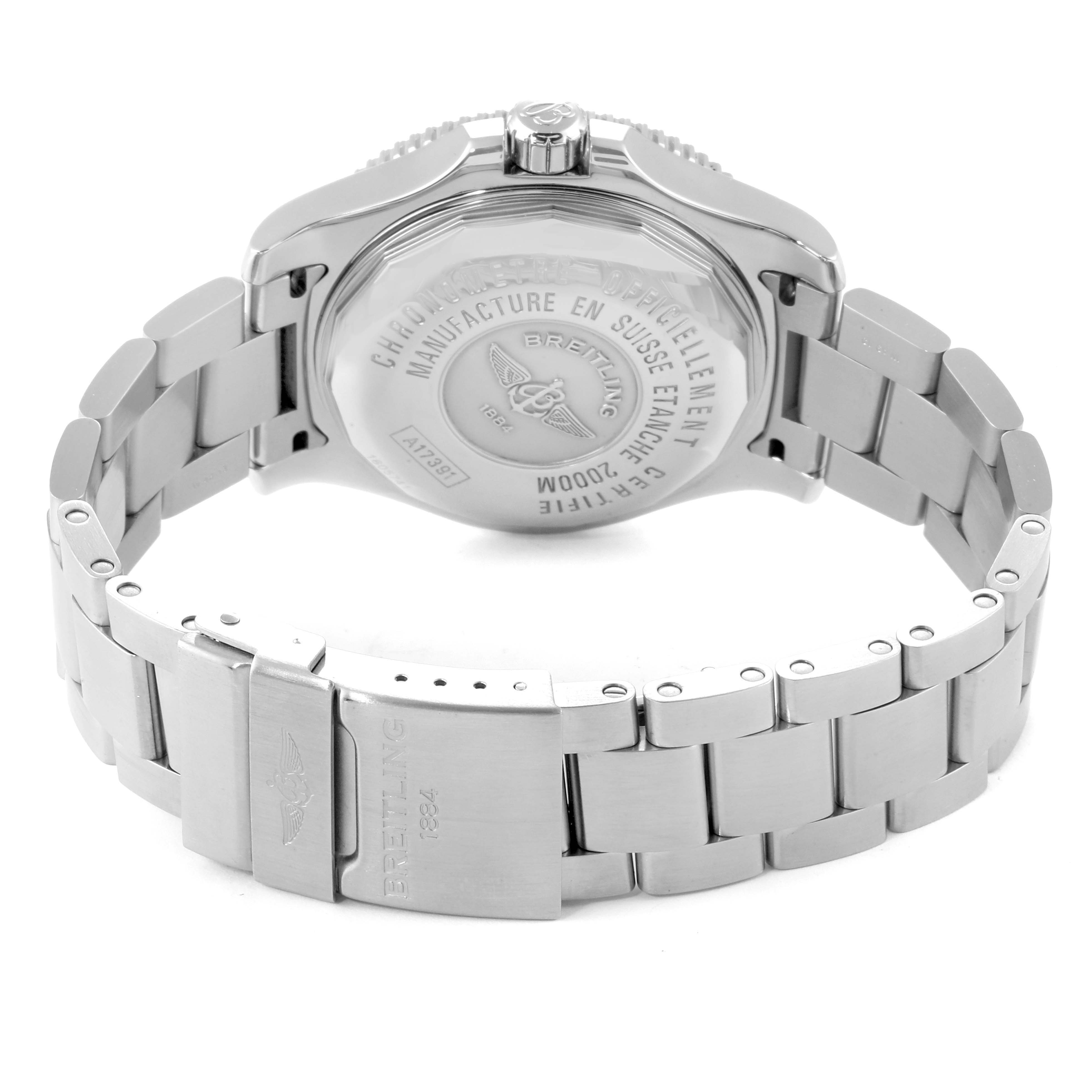 The image shows the back case and bracelet of the Breitling Superocean A17391 Men's Stainless Steel Black Dial A17391 Men's Stainless Steel Black Dial watch, focusing on the clasp and caseback engraving.