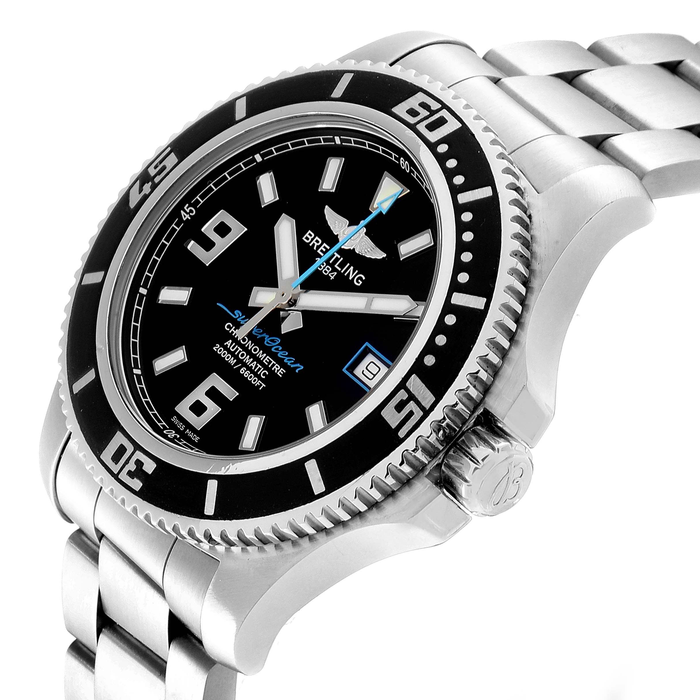 The image shows a side angle of the Breitling Superocean A17391 Men's Stainless Steel Black Dial A17391 Men's Stainless Steel Black Dial watch featuring its bezel, dial, crown, and bracelet.