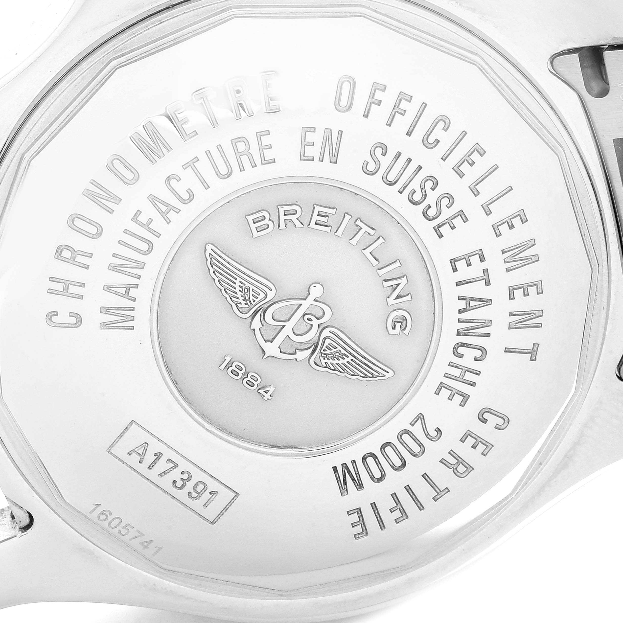 This image shows the case back of a Breitling Superocean A17391 Men's Stainless Steel Black Dial A17391 Men's Stainless Steel Black Dial watch, featuring engraved details and the Breitling logo.