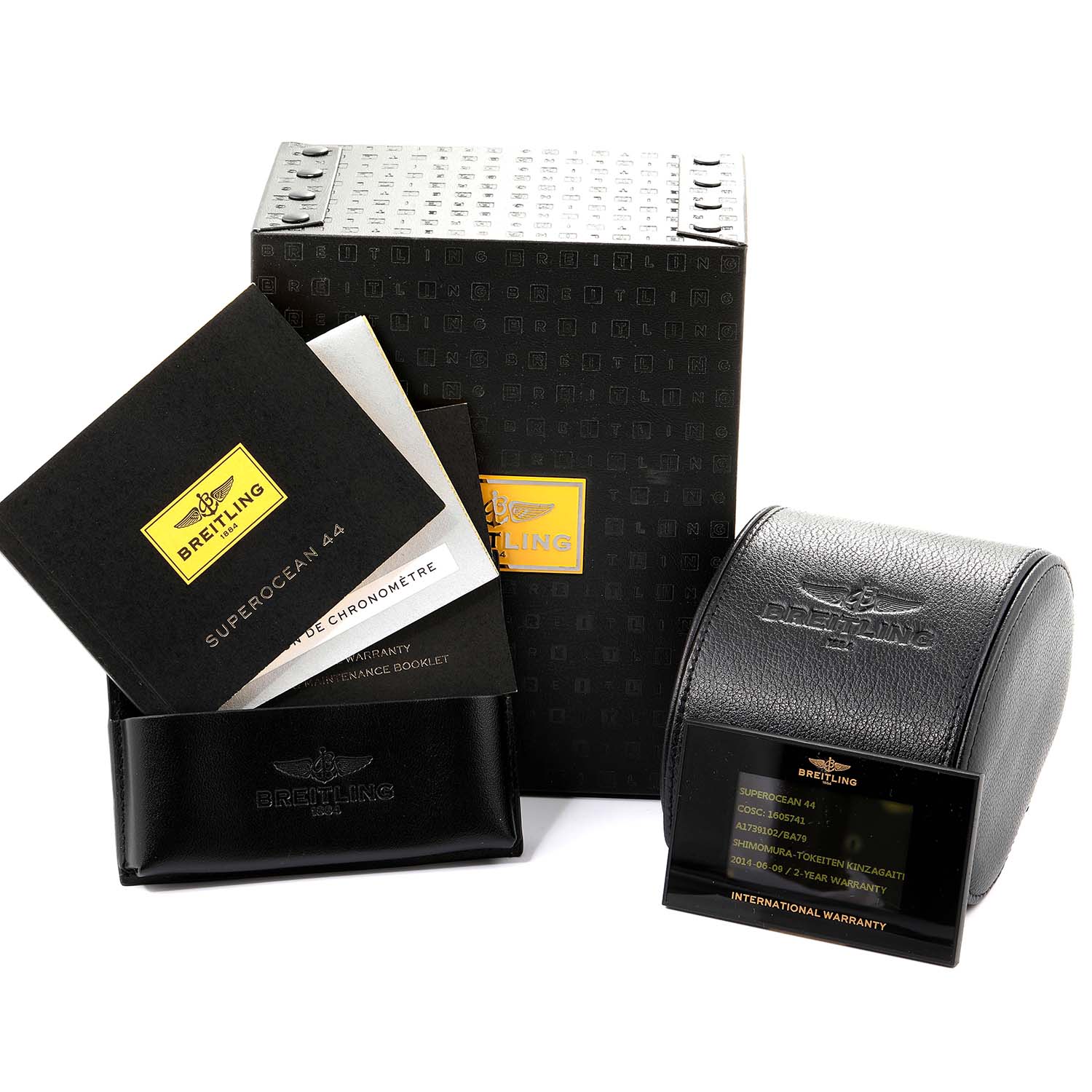 The image shows a Breitling Superocean A17391 Men's Stainless Steel Black Dial A17391 Men's Stainless Steel Black Dial watch box, documentation, leather watch case, and warranty card from a front angle.