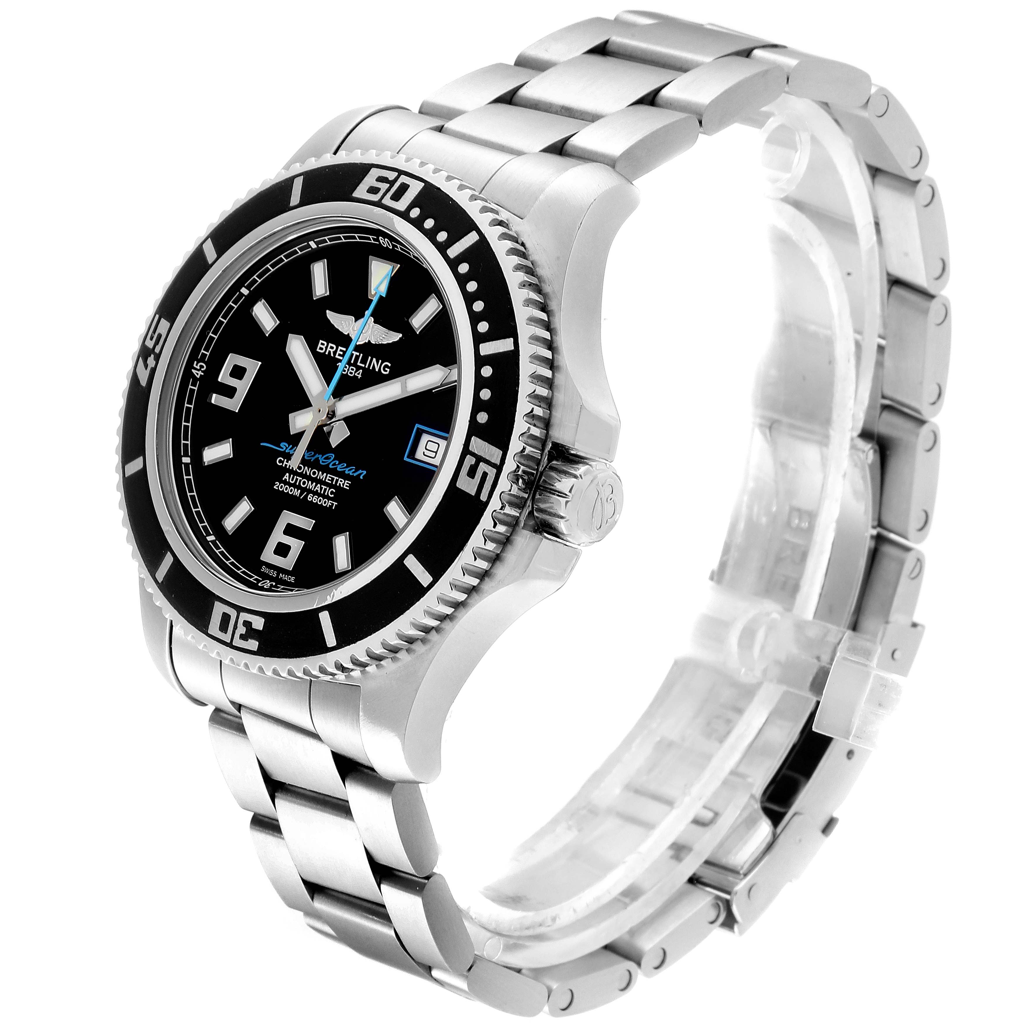 The Breitling Superocean A17391 Men's Stainless Steel Black Dial A17391 Men's Stainless Steel Black Dial watch is shown at an angle highlighting the dial, bezel, crown, and bracelet.