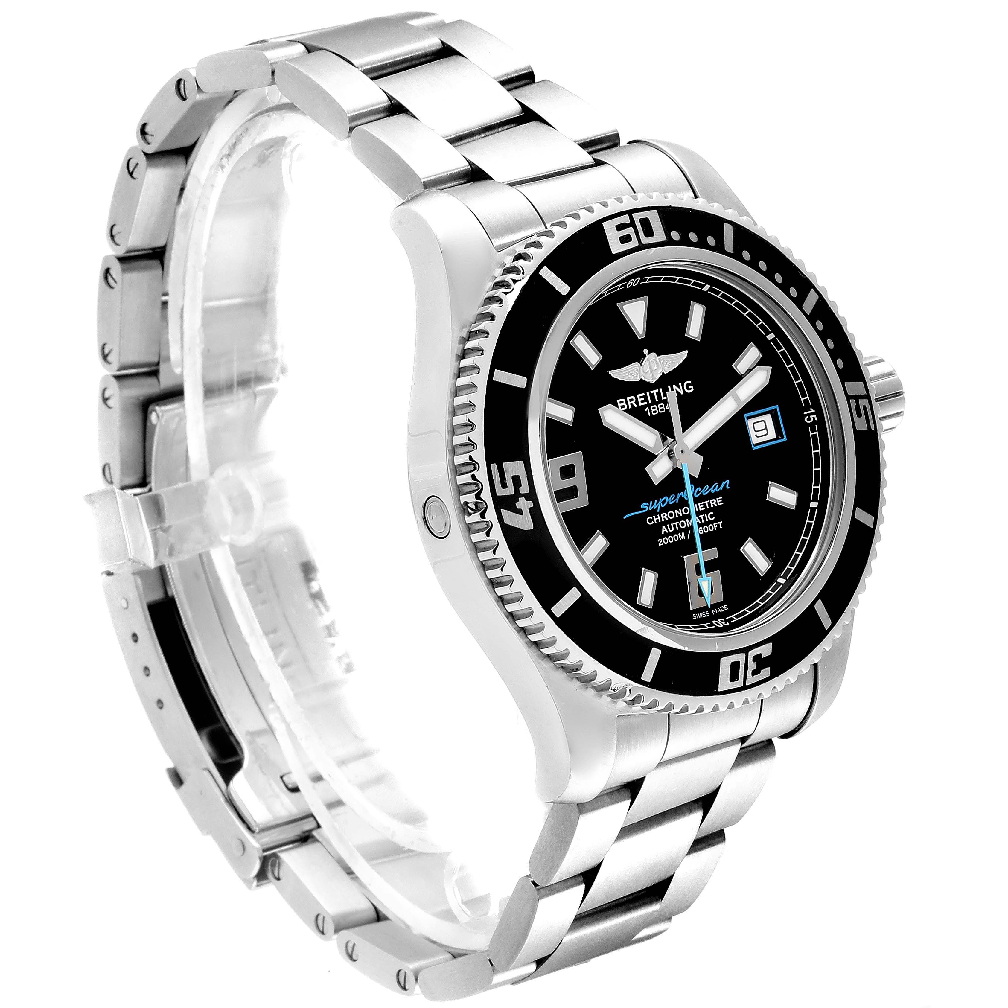 The image shows a side view angle of a Breitling Superocean A17391 Men's Stainless Steel Black Dial A17391 Men's Stainless Steel Black Dial watch, highlighting the bracelet, bezel, and crown.