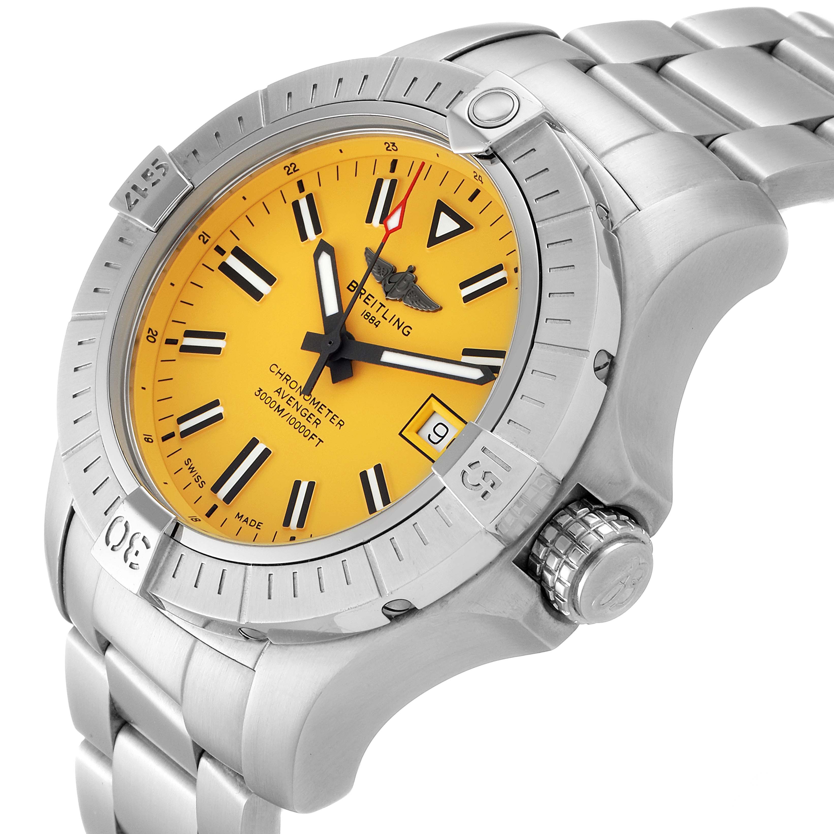 The image shows the Breitling Avenger A17319 Men
s Stainless Steel Yellow Dial A17319 Men
s Stainless Steel Yellow Dial watch at a slight side angle, highlighting the yellow dial, bezel, crown, and bracelet.
