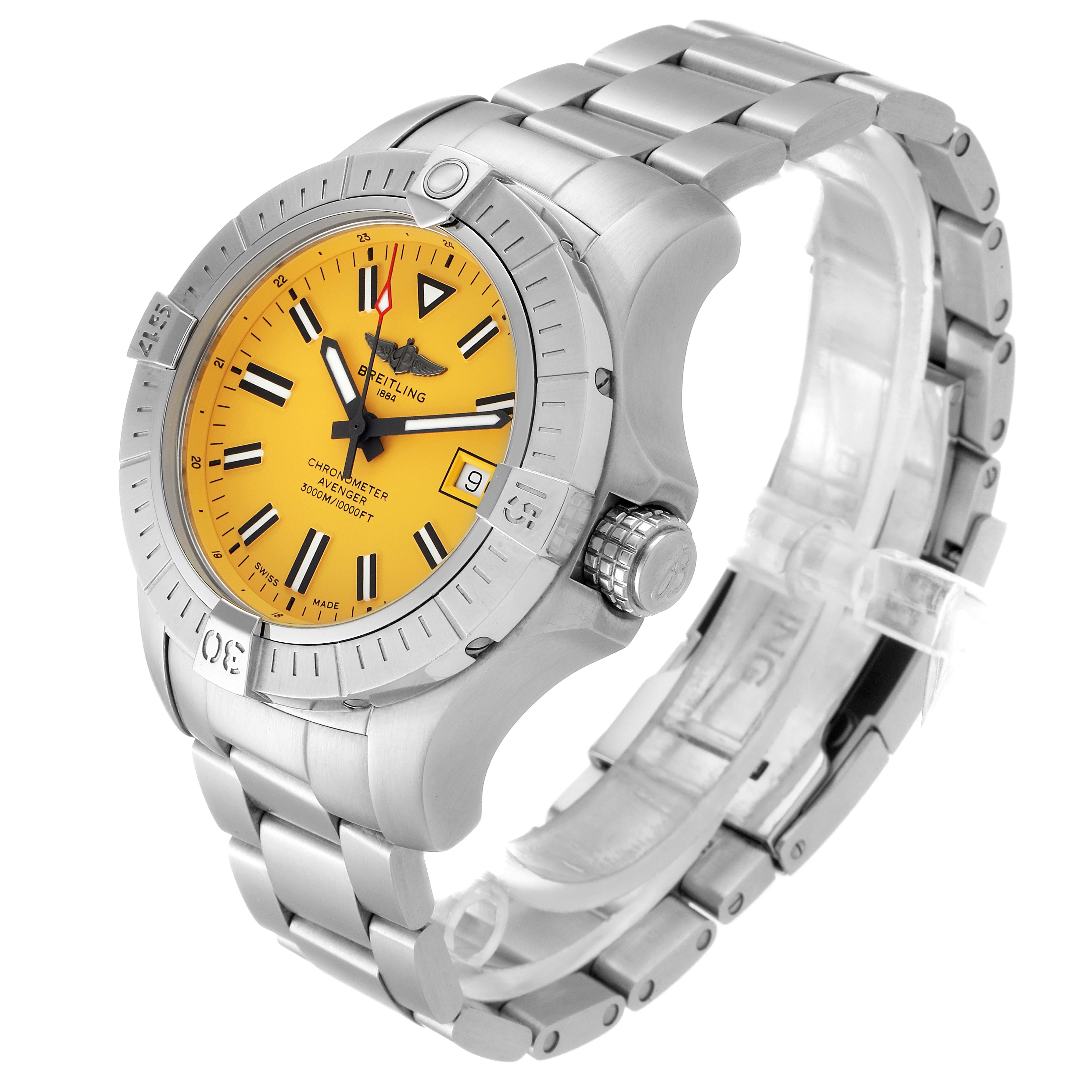 The Breitling Avenger A17319 Men
s Stainless Steel Yellow Dial A17319 Men
s Stainless Steel Yellow Dial watch is shown at an angled view, displaying its yellow dial, bezel, date window, and metal bracelet.