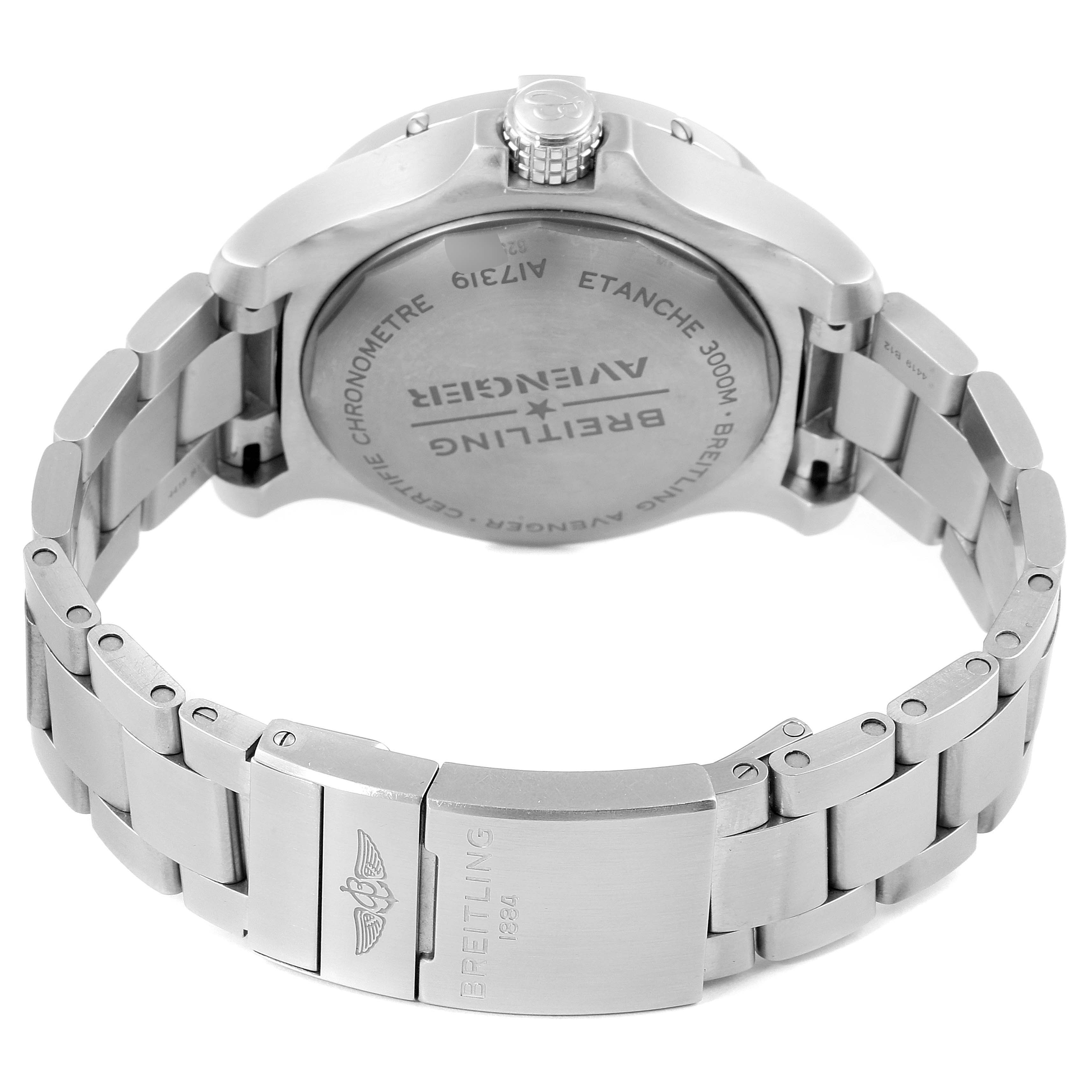 The image shows the back view and clasp of a Breitling Avenger A17319 Men
s Stainless Steel Yellow Dial A17319 Men
s Stainless Steel Yellow Dial watch with a stainless steel bracelet.