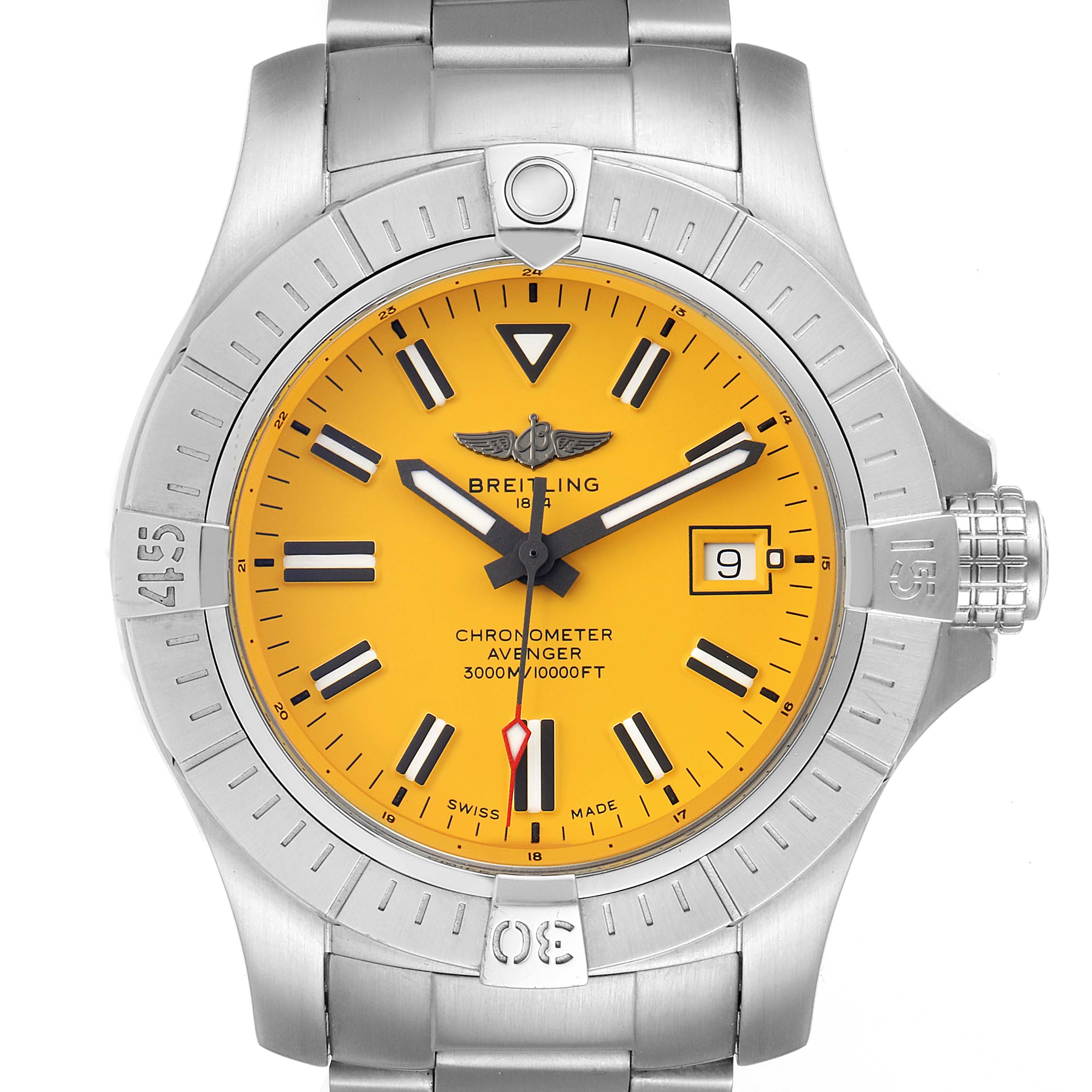 This image shows a front view of a Breitling Avenger A17319 Men
s Stainless Steel Yellow Dial A17319 Men
s Stainless Steel Yellow Dial watch, highlighting its yellow dial, date window, and stainless steel case.