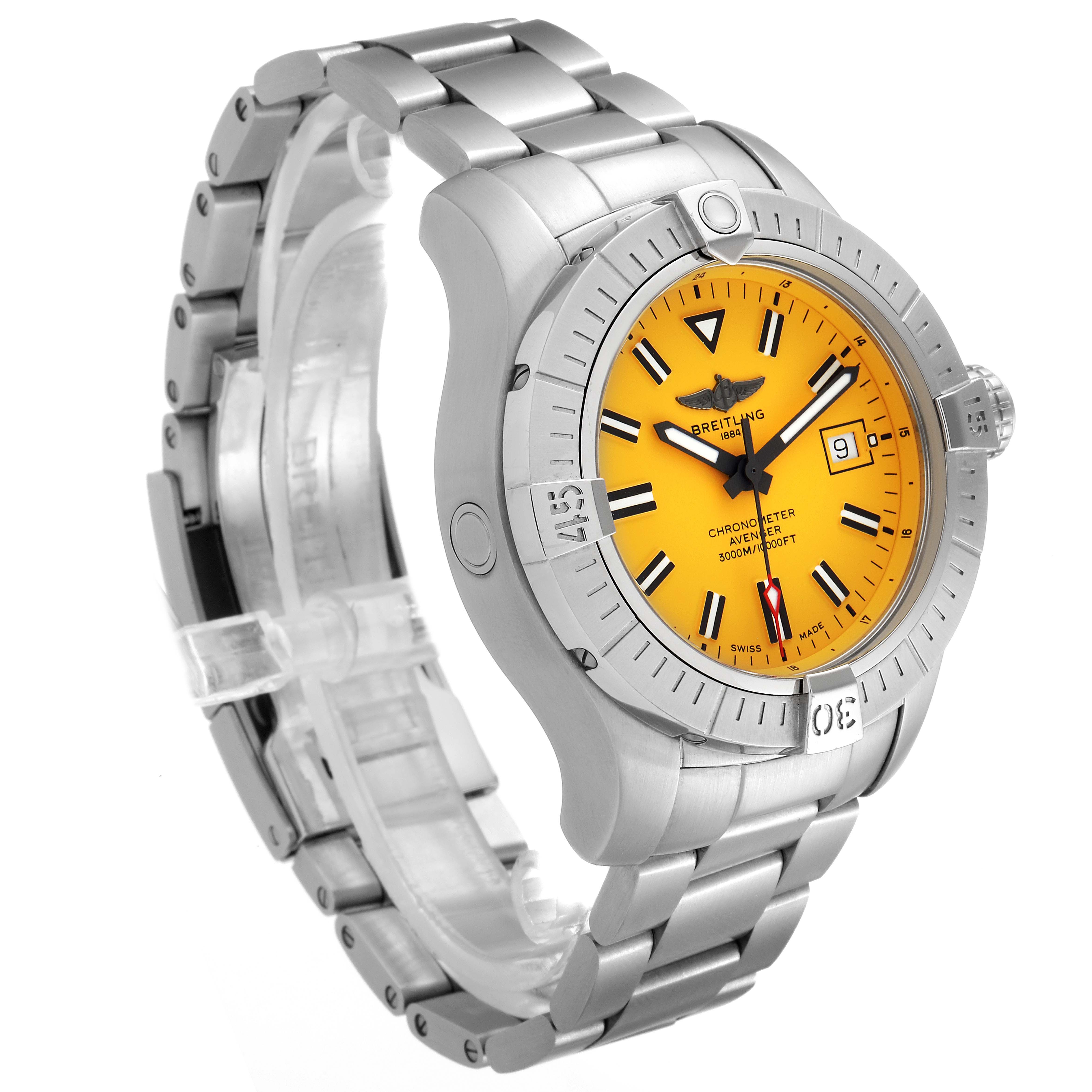 This image shows a Breitling Avenger A17319 Men
s Stainless Steel Yellow Dial A17319 Men
s Stainless Steel Yellow Dial watch at a three-quarter angle, highlighting its yellow dial and silver metal band.