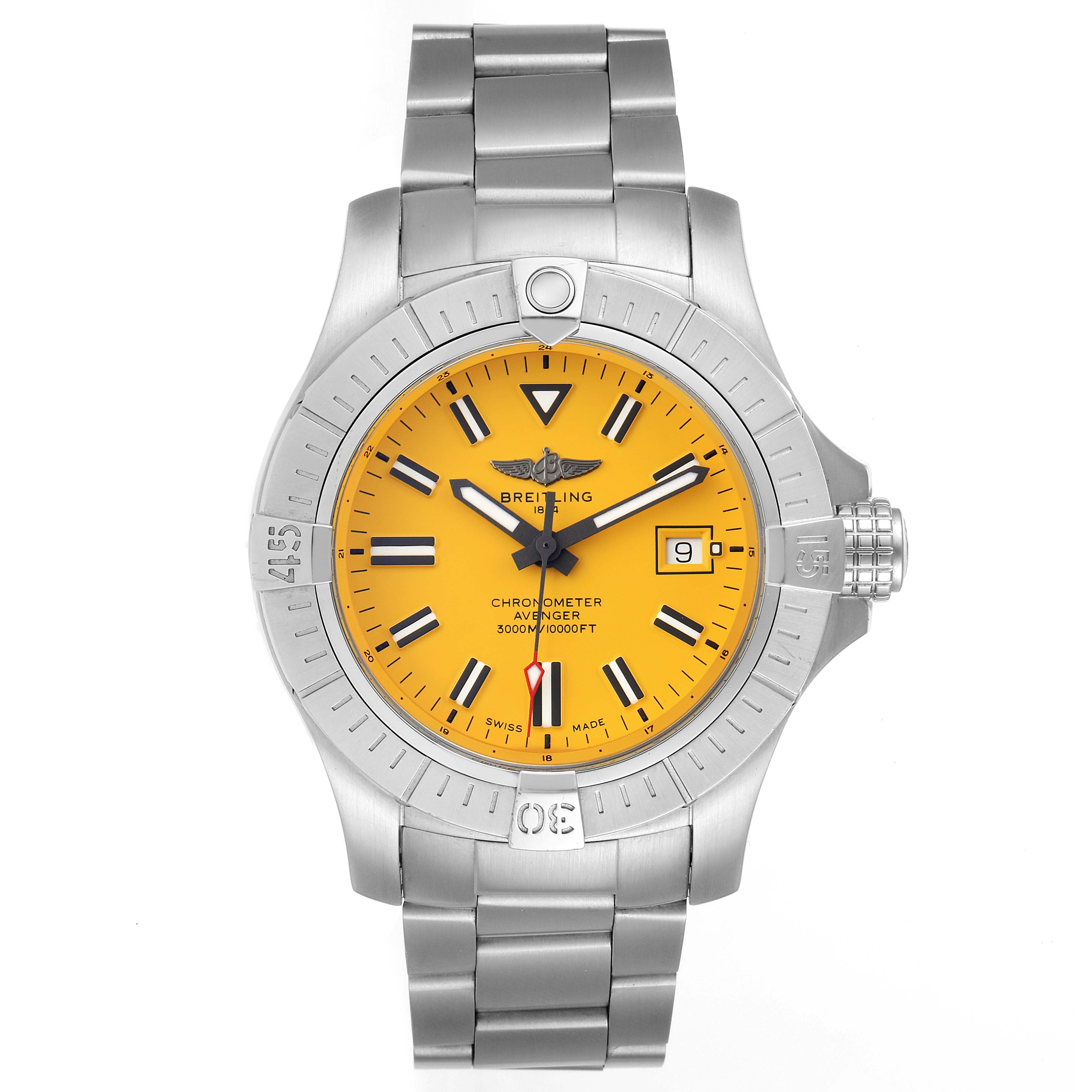 The image shows a front view of a Breitling Avenger A17319 Men
s Stainless Steel Yellow Dial A17319 Men
s Stainless Steel Yellow Dial watch, highlighting its yellow dial, bezel, and stainless steel bracelet.
