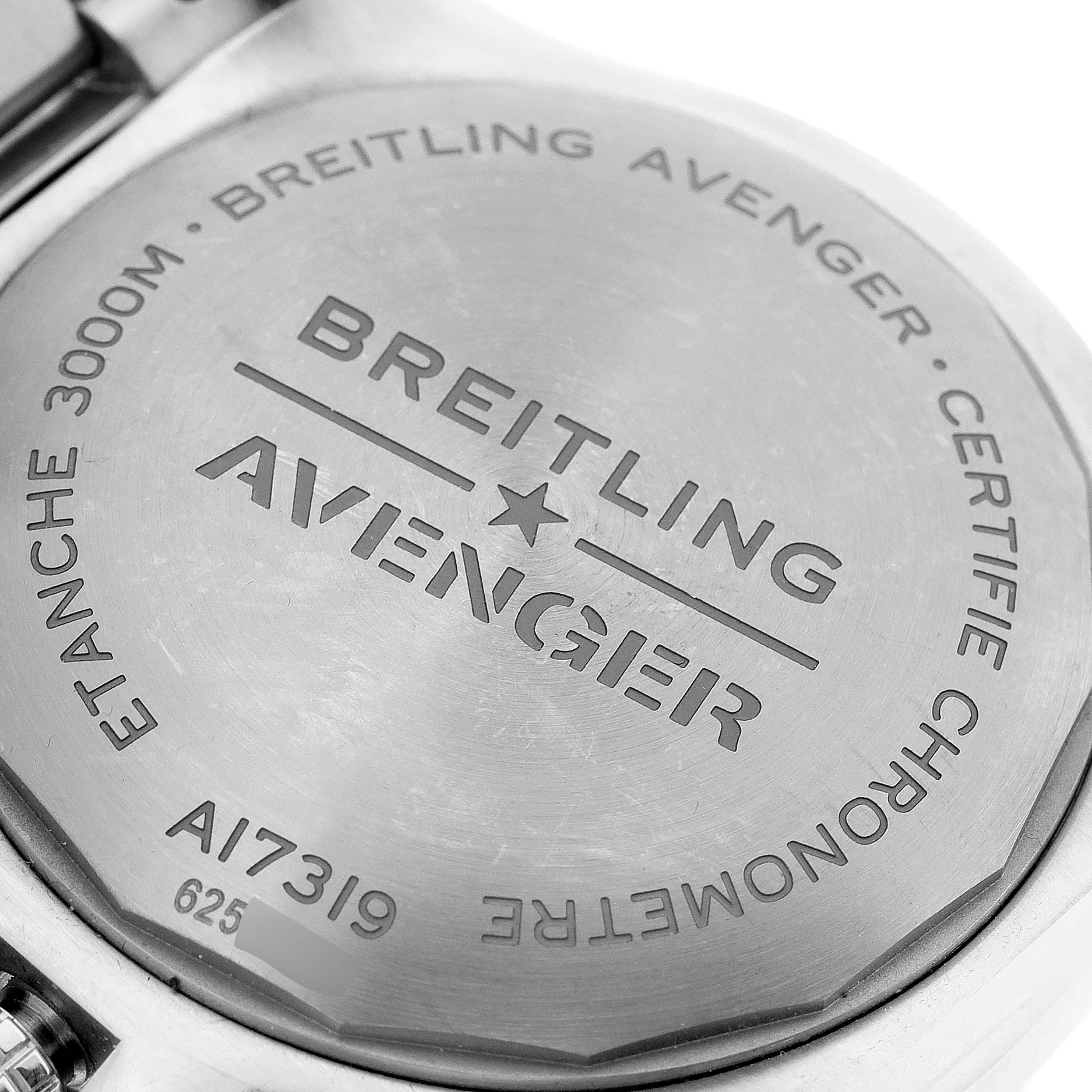 The image shows the back case of a Breitling Avenger A17319 Men
s Stainless Steel Yellow Dial A17319 Men
s Stainless Steel Yellow Dial watch, displaying model information and water resistance details.