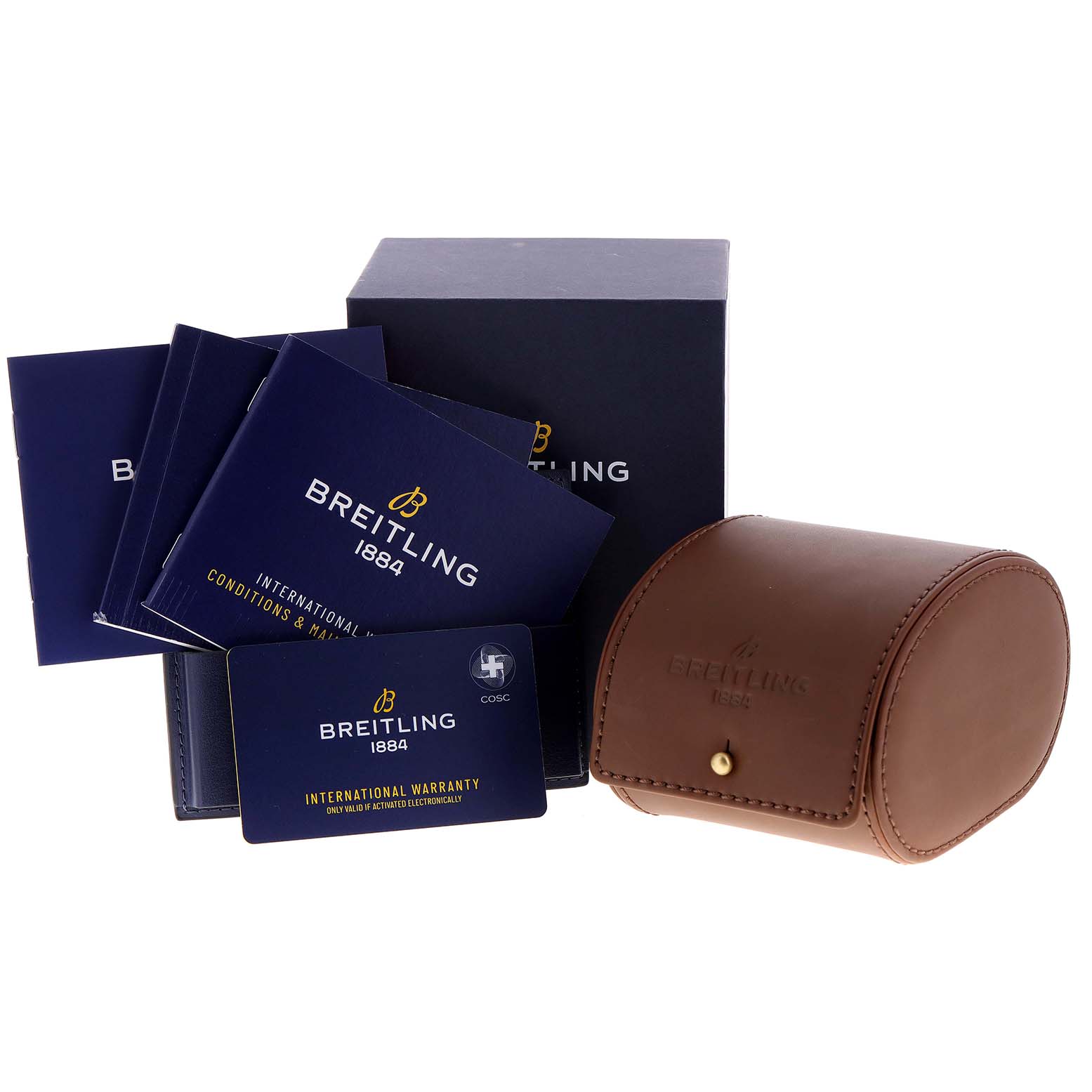 This image shows Breitling Avenger A17319 Men
s Stainless Steel Yellow Dial A17319 Men
s Stainless Steel Yellow Dial watch accessories, including manuals, an international warranty card, a presentation box, and a brown travel case.