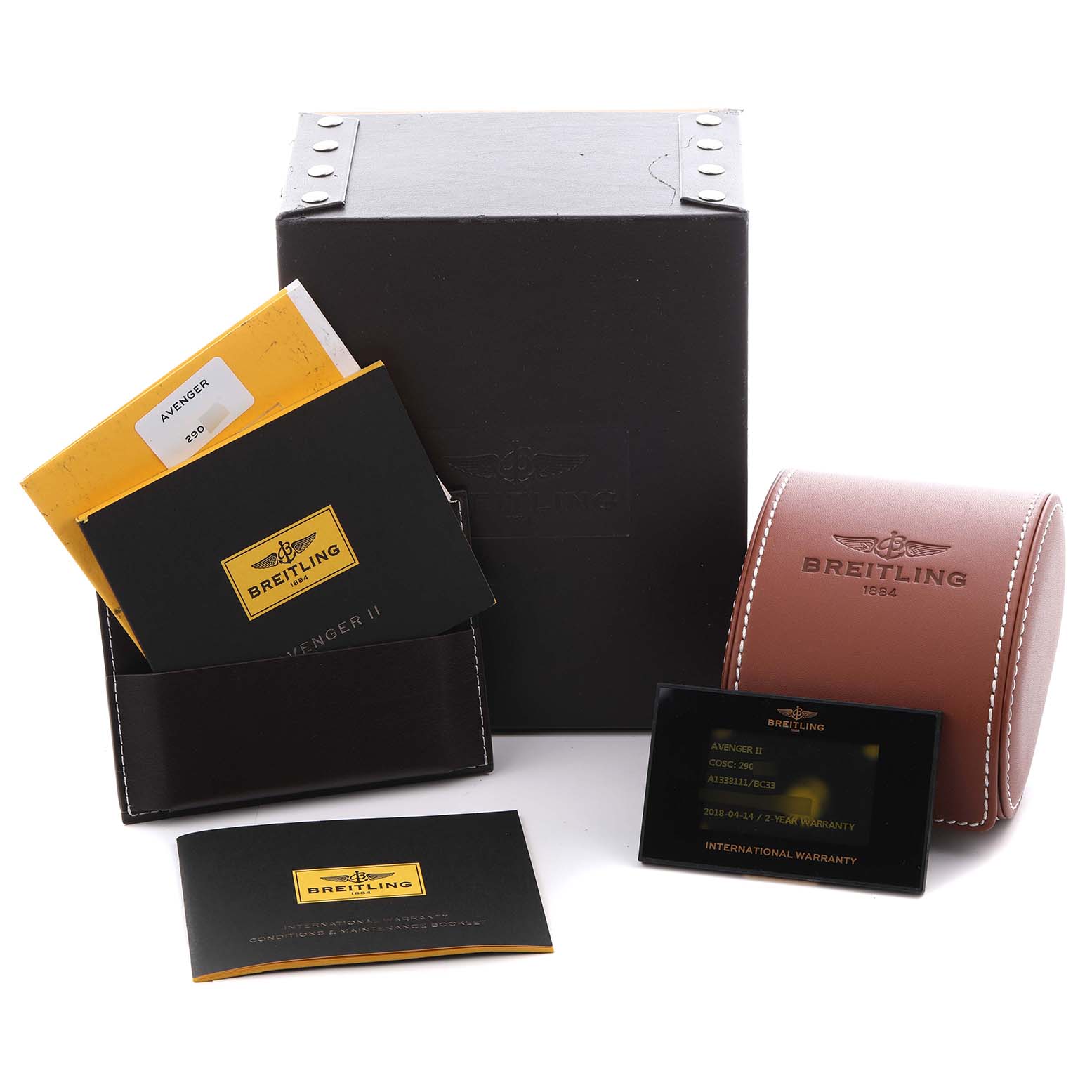 The image shows Breitling Avenger A1338111/BC33 Men's Stainless Steel Black Dial A1338111/BC33 Men's Stainless Steel Black Dial watch accessories, including a box, leather case, warranty card, and manuals, from a front angle.