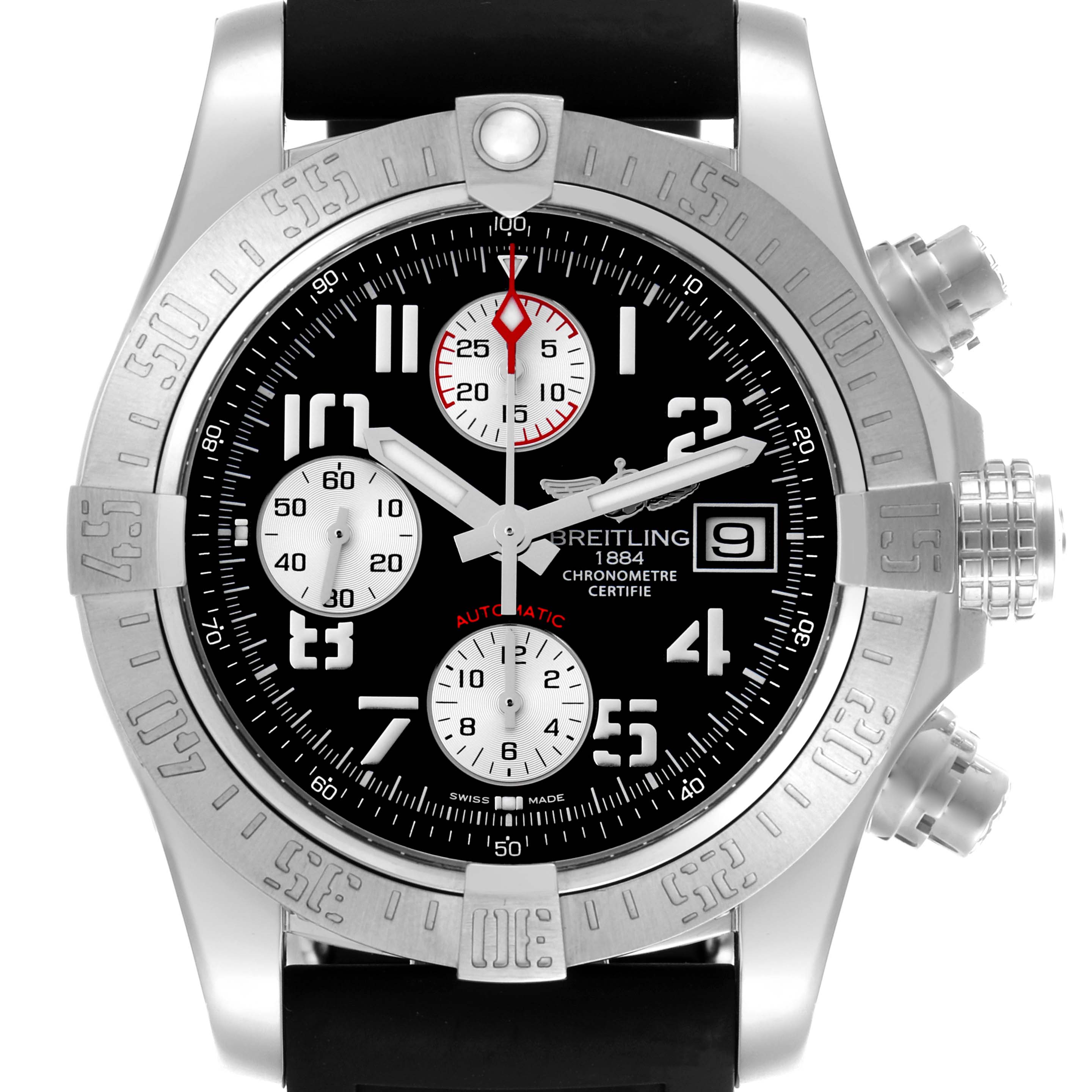 The Breitling Avenger A1338111/BC33 Men's Stainless Steel Black Dial A1338111/BC33 Men's Stainless Steel Black Dial watch is shown from a front angle, highlighting the bezel, dial, subdials, crown, and pushers.