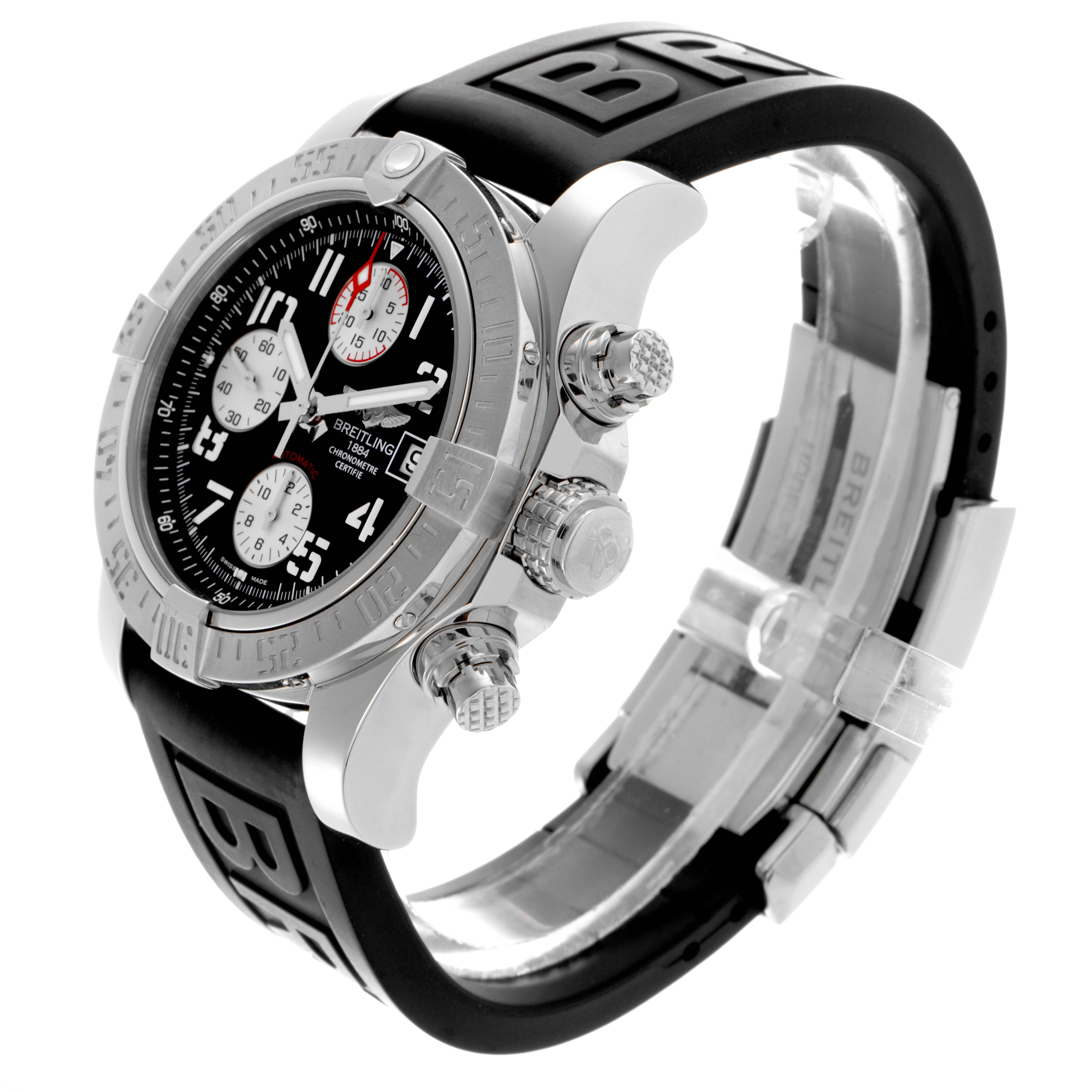 The Breitling Avenger A1338111/BC33 Men's Stainless Steel Black Dial A1338111/BC33 Men's Stainless Steel Black Dial watch is shown from a side angle highlighting the bezel, crown, pushers, and rubber strap with a clasp.