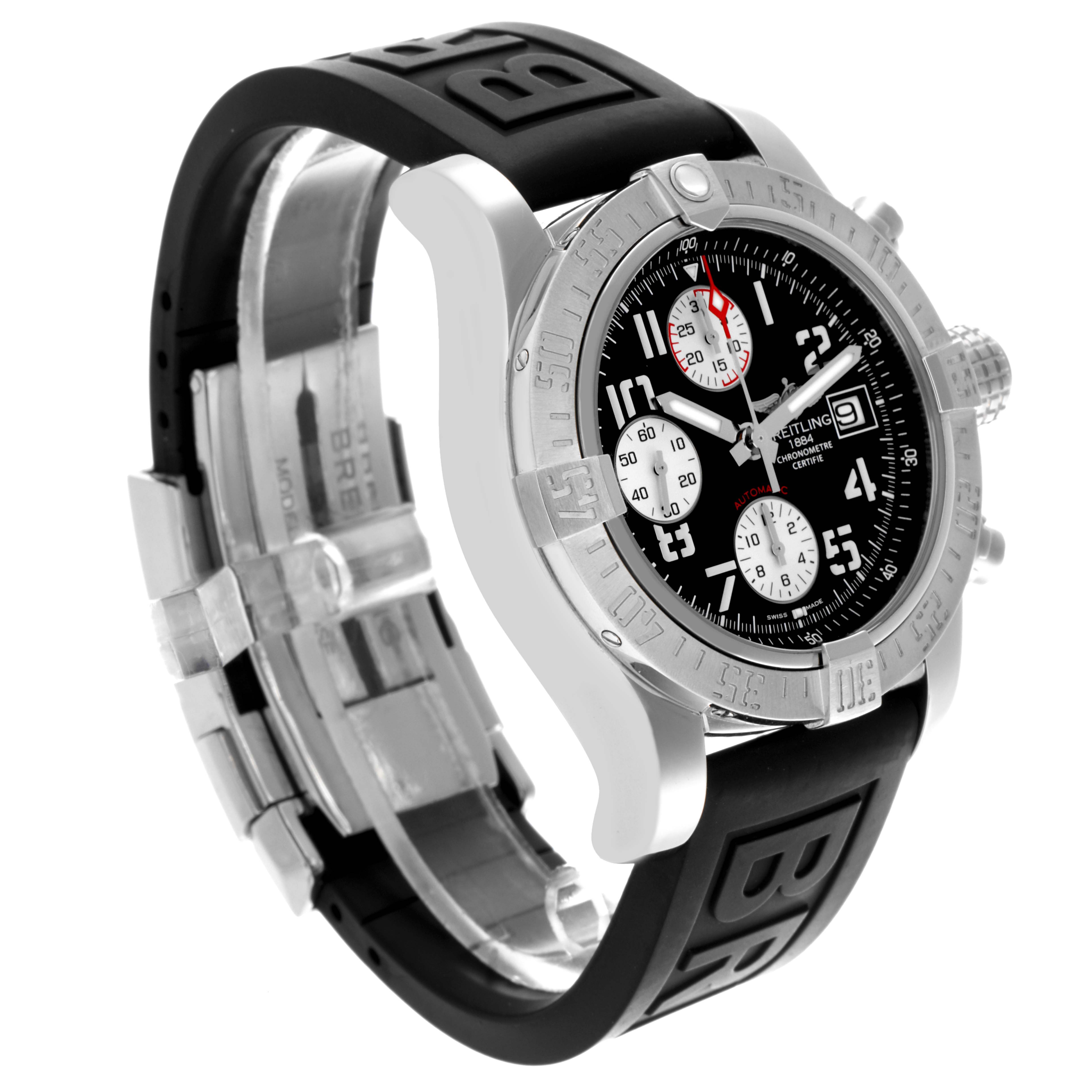 The Breitling Avenger A1338111/BC33 Men's Stainless Steel Black Dial A1338111/BC33 Men's Stainless Steel Black Dial watch is shown at a three-quarter angle, highlighting the case, bezel, dial, and rubber strap.