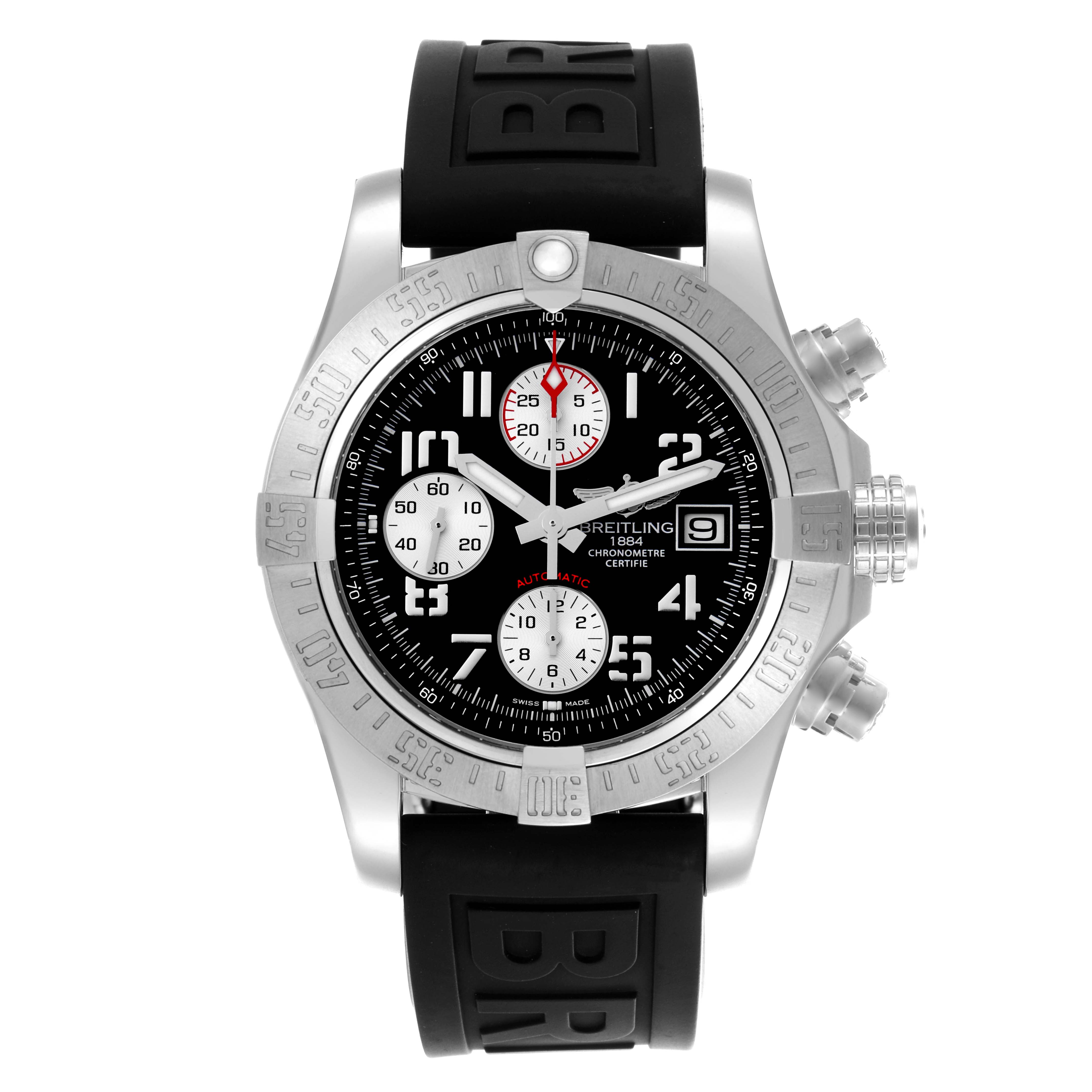 The Breitling Avenger A1338111/BC33 Men's Stainless Steel Black Dial A1338111/BC33 Men's Stainless Steel Black Dial watch is shown from the front, displaying its bezel, dial, subdials, and strap.