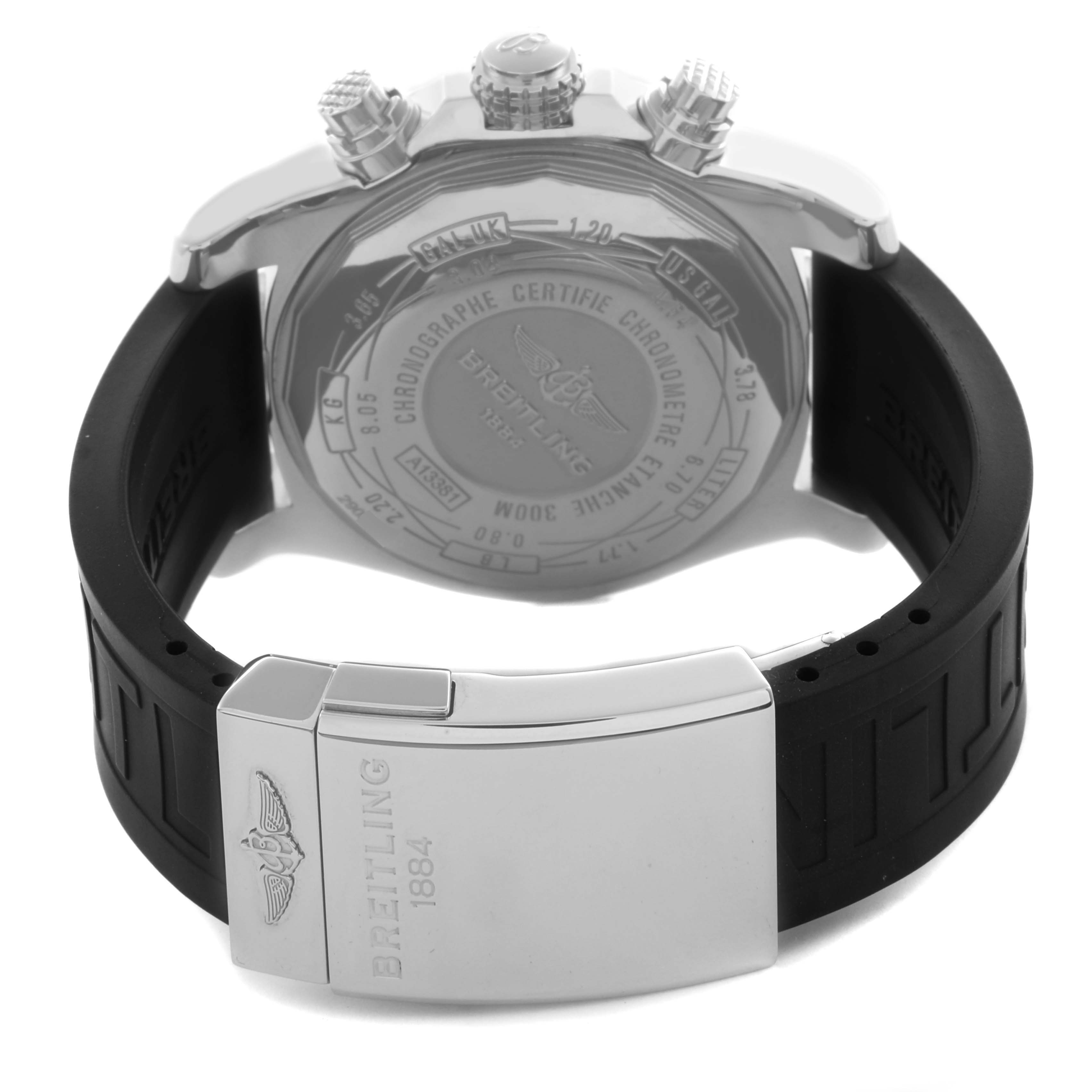 The Breitling Avenger A1338111/BC33 Men's Stainless Steel Black Dial A1338111/BC33 Men's Stainless Steel Black Dial watch is shown from the rear, highlighting the case back, crown, and rubber strap with a metal clasp.