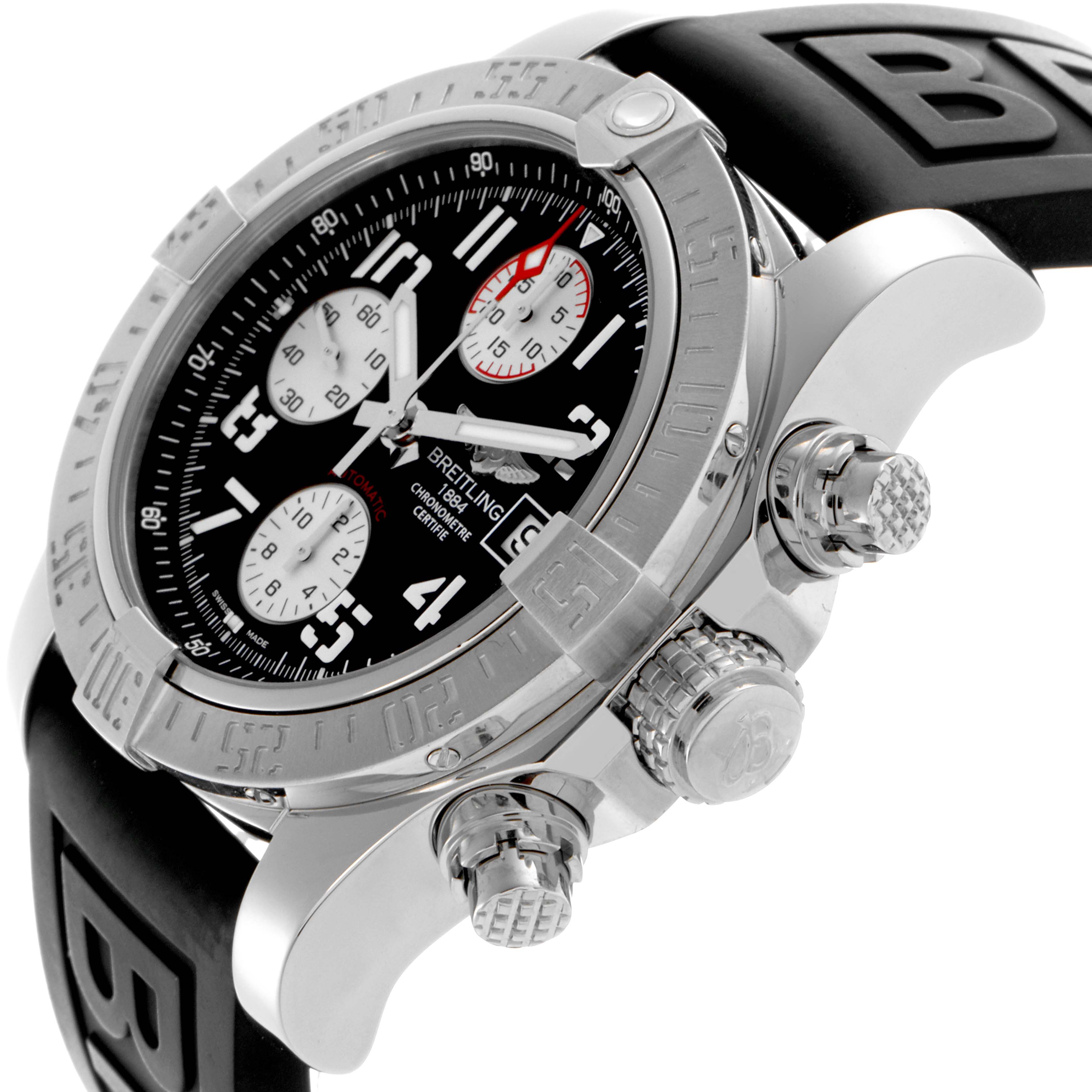 The Breitling Avenger A1338111/BC33 Men's Stainless Steel Black Dial A1338111/BC33 Men's Stainless Steel Black Dial watch is shown from a side angle highlighting the bezel, crown, pushers, and part of the black rubber strap.