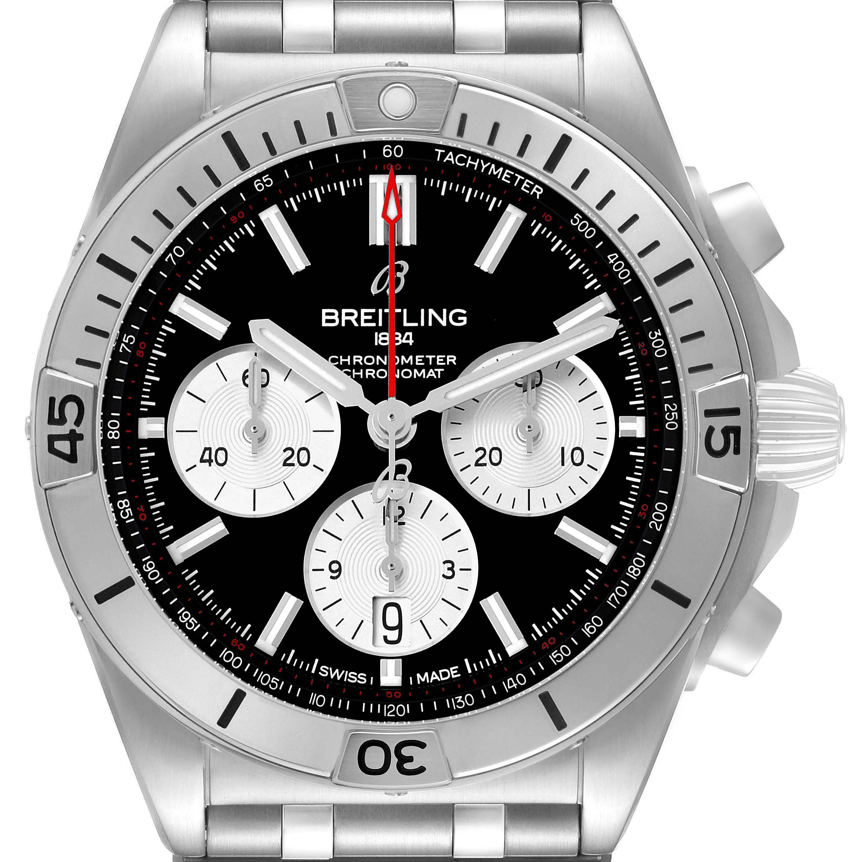 The Breitling Chronomat AB0134 Men's Stainless Steel Black Dial watch is shown from the front, highlighting the face, bezel, and pushers.