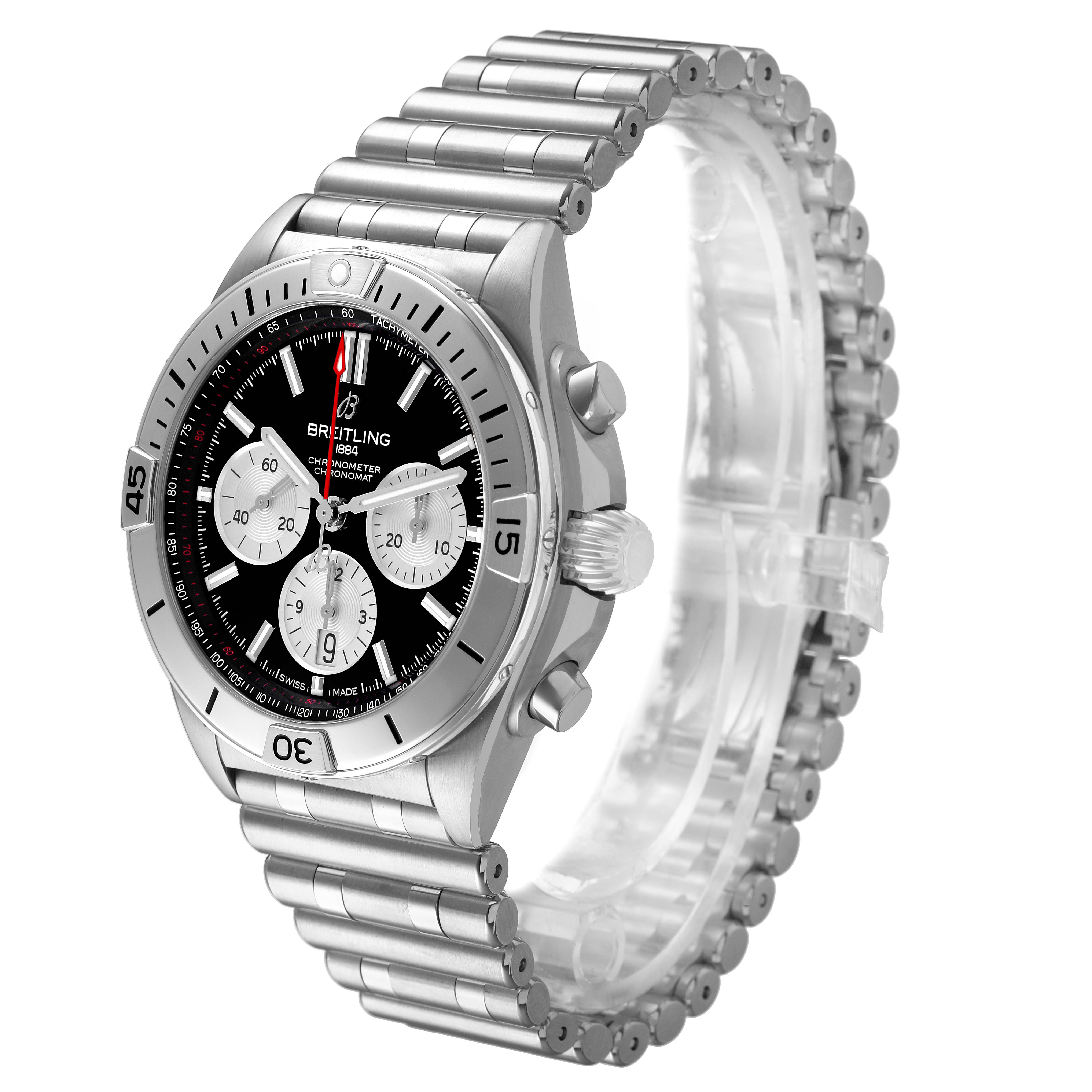 The Breitling Chronomat AB0134 Men's Stainless Steel Black Dial watch is shown at a three-quarter angle, highlighting the case, dial, bezel, and bracelet.