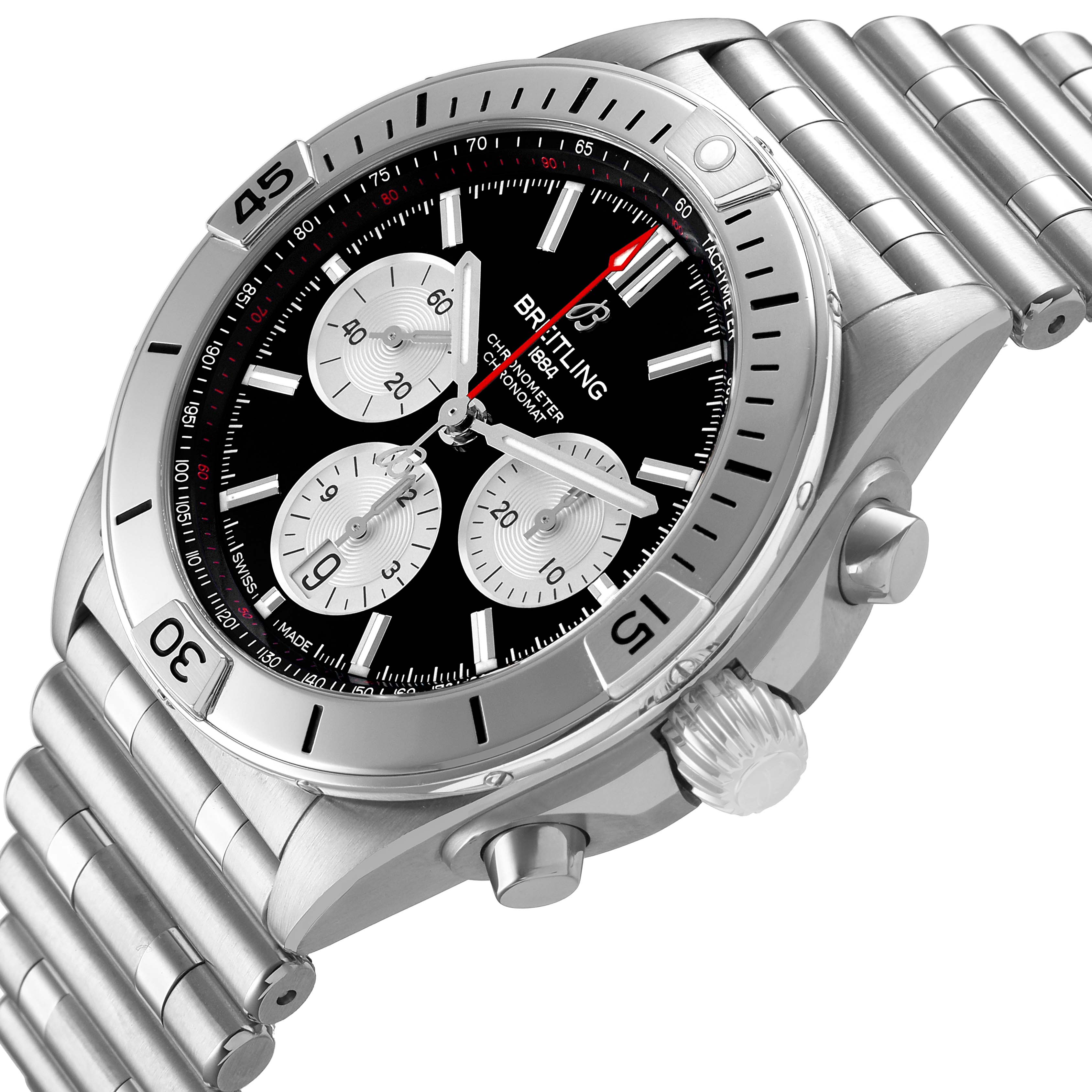 The Breitling Chronomat AB0134 Men's Stainless Steel Black Dial watch is shown from a slightly tilted side angle, highlighting the dial, bezel, crown, and bracelet.