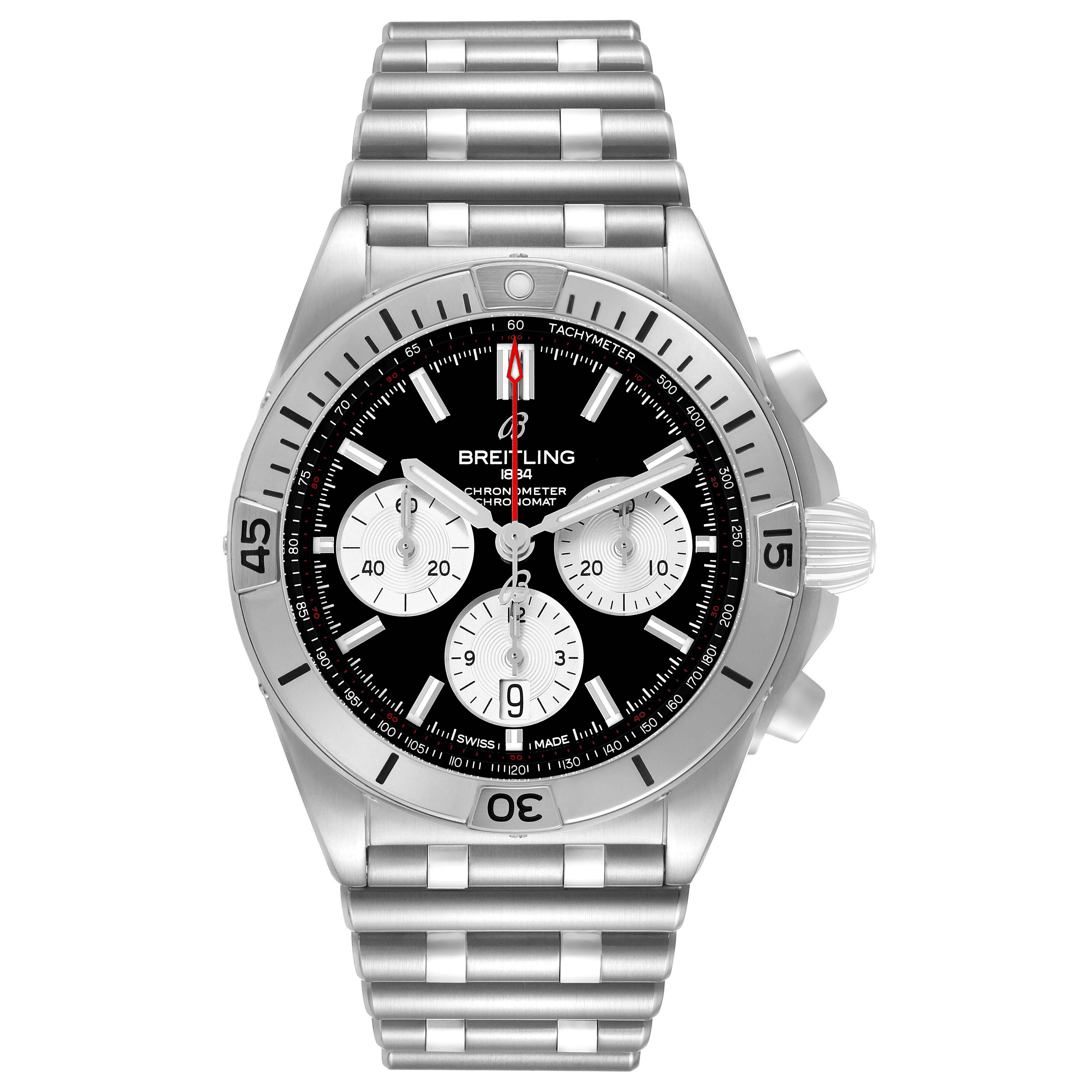 The Breitling Chronomat AB0134 Men's Stainless Steel Black Dial watch is shown from a front angle, featuring its dial, subdials, bezel, bracelet, and crown.