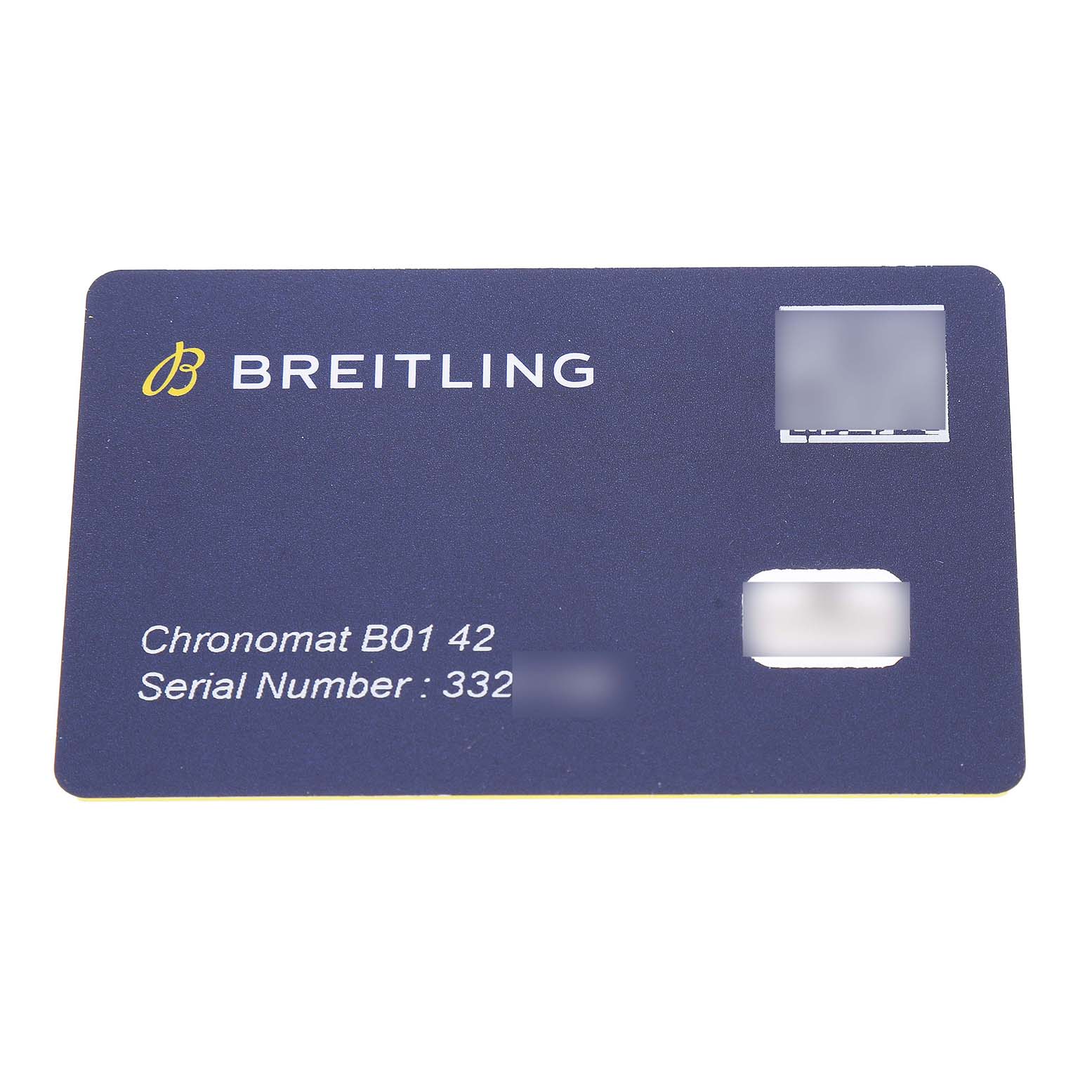 The image shows a Breitling Chronomat AB0134 Men's Stainless Steel Black Dial model warranty card with brand and model details.