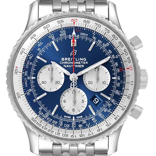 The Breitling Navitimer AB0127211C2A1 Men's Stainless Steel Blue Dial watch is shown from a front angle, featuring the dial, three subdials, and stainless steel bracelet.