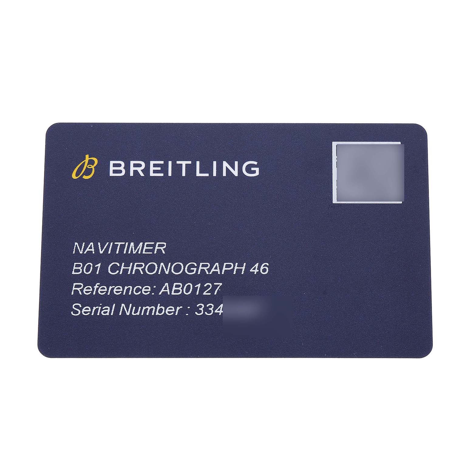 The image shows a Breitling Navitimer AB0127211C2A1 Men's Stainless Steel Blue Dial B01 Chronograph 46 warranty card with model and serial information.