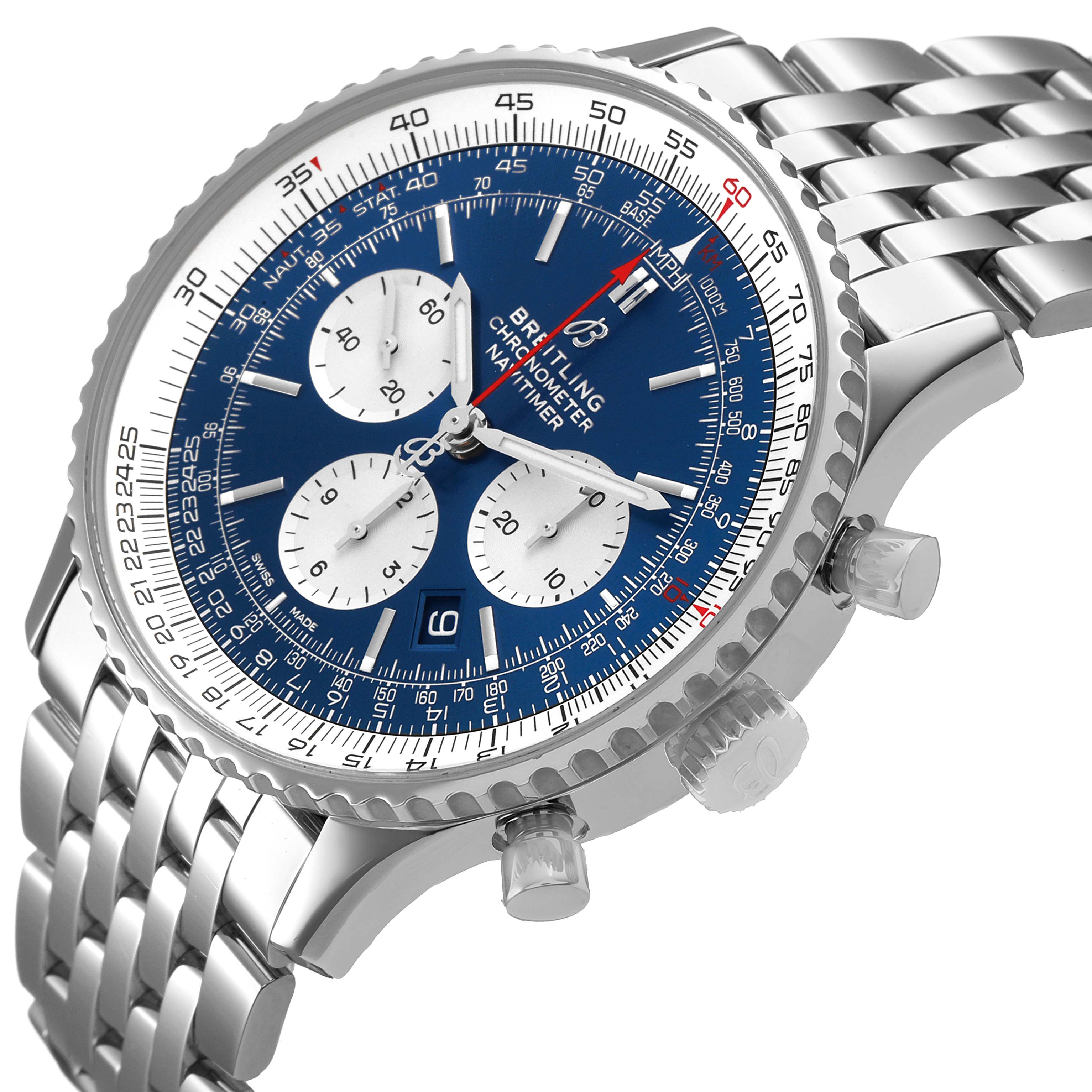 The Breitling Navitimer AB0127211C2A1 Men's Stainless Steel Blue Dial watch is shown at a three-quarter angle, displaying the face, bezel, pushers, and metal bracelet.
