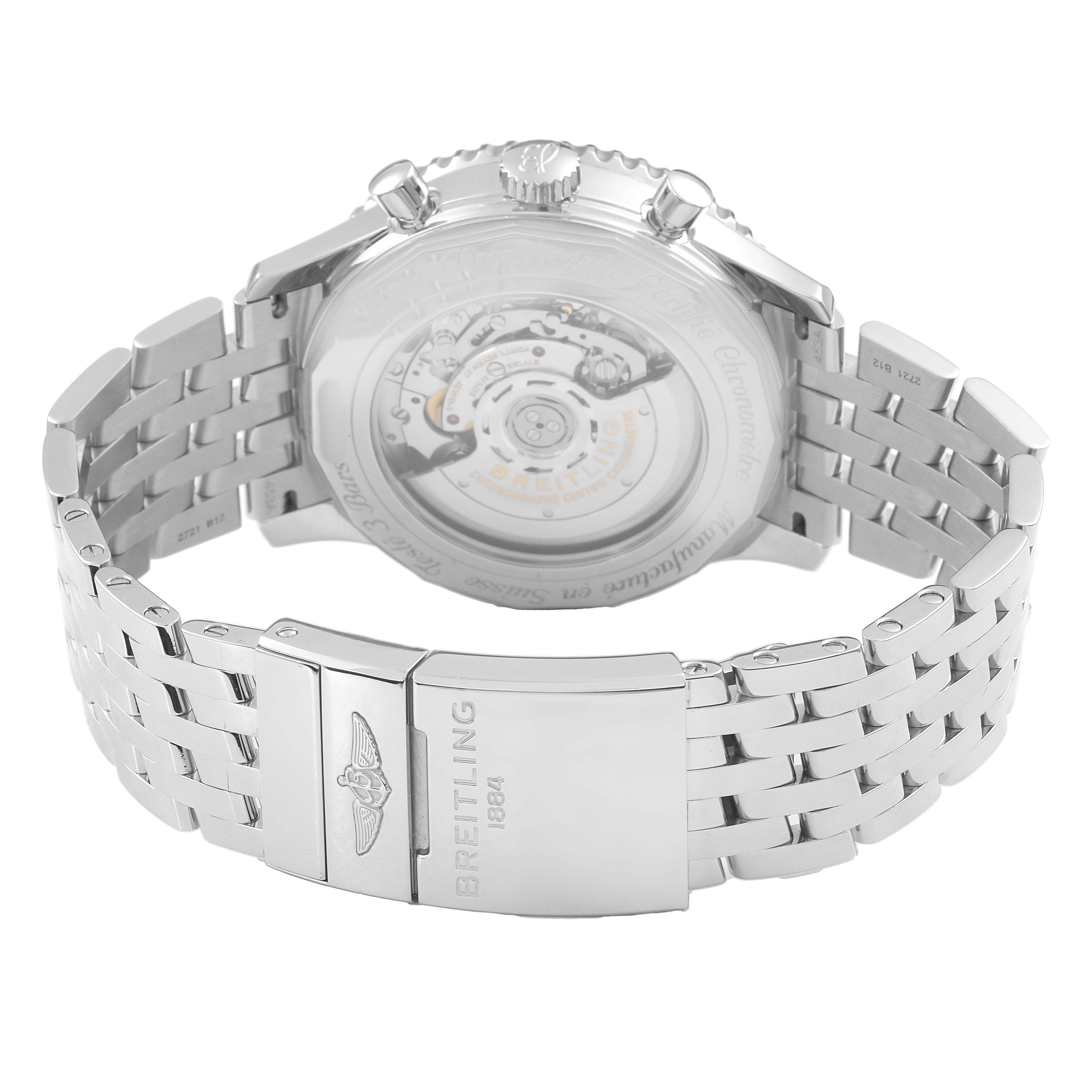 The image shows the back of a Breitling Navitimer AB0127211C2A1 Men's Stainless Steel Blue Dial watch, focusing on the exhibition case back and metal bracelet clasp.