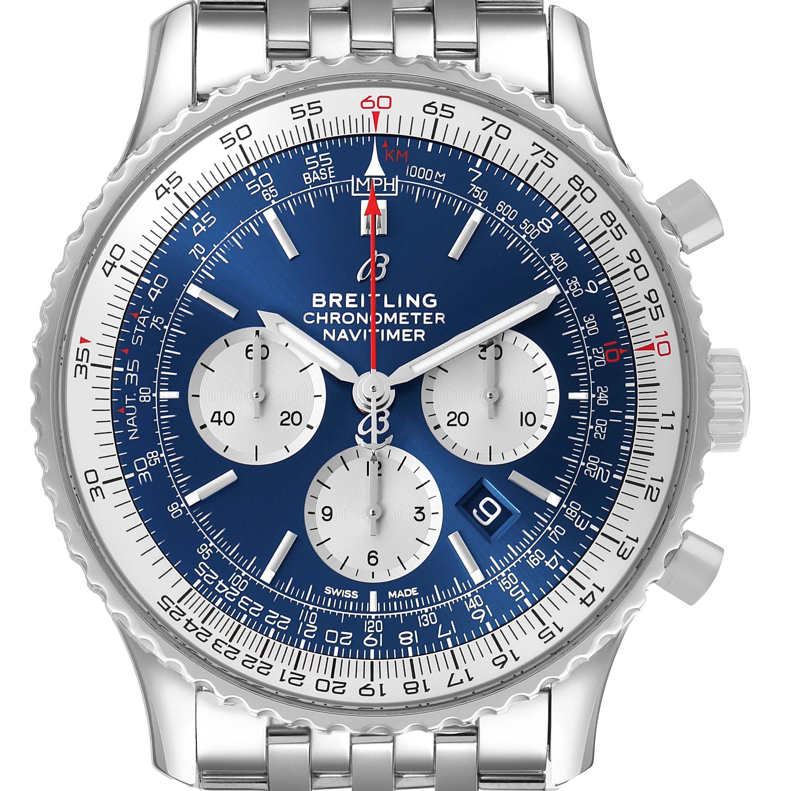 The Breitling Navitimer AB0127211C2A1 Men's Stainless Steel Blue Dial watch is shown from a front angle, displaying the face, bezel, chronograph dials, and bracelet.