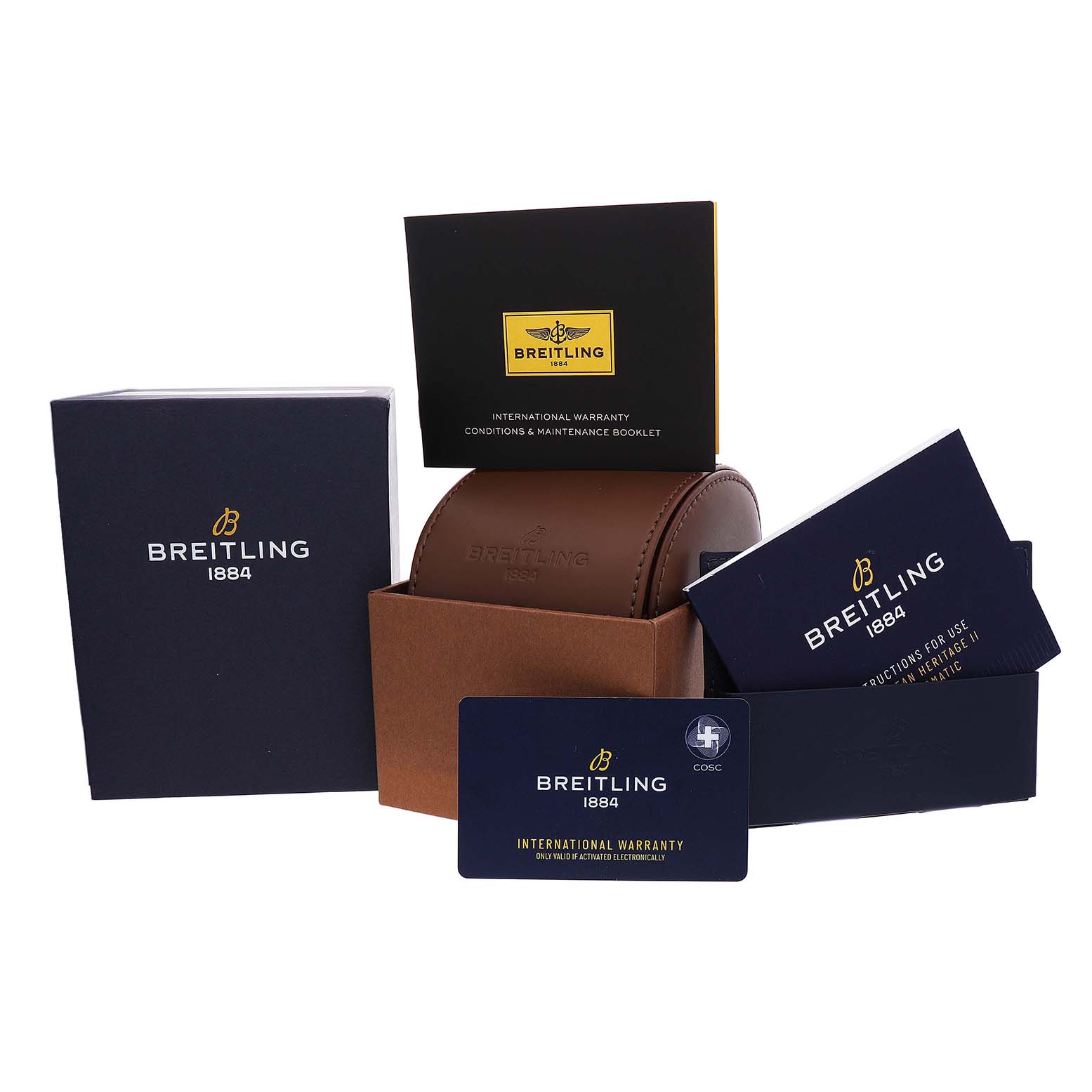 The image shows Breitling Navitimer AB0127211C2A1 Men's Stainless Steel Blue Dial packaging, including a box, leather case, warranty card, and booklets.