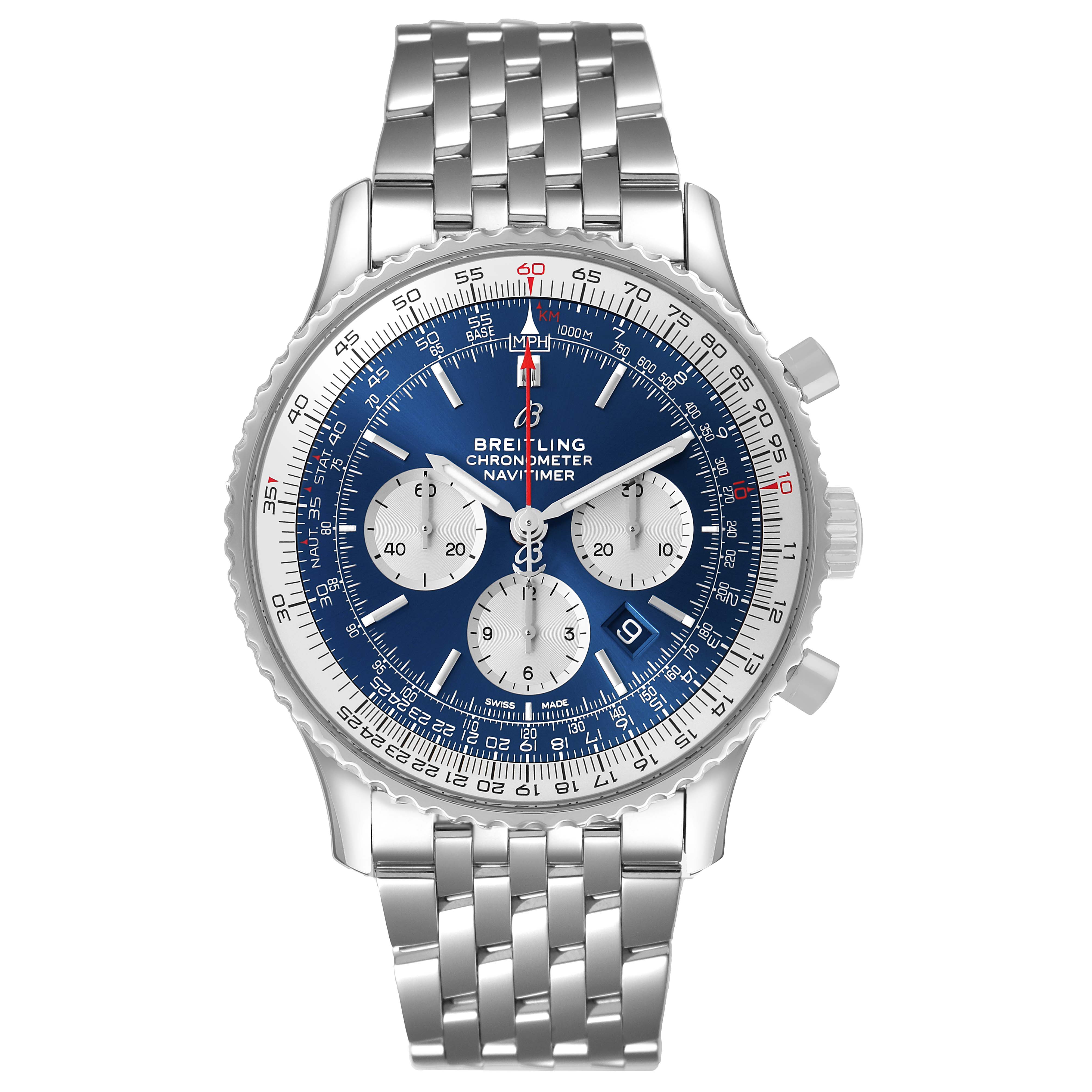 The Breitling Navitimer AB0127211C2A1 Men's Stainless Steel Blue Dial watch is shown from a front angle, displaying the face, dial, and metal bracelet.
