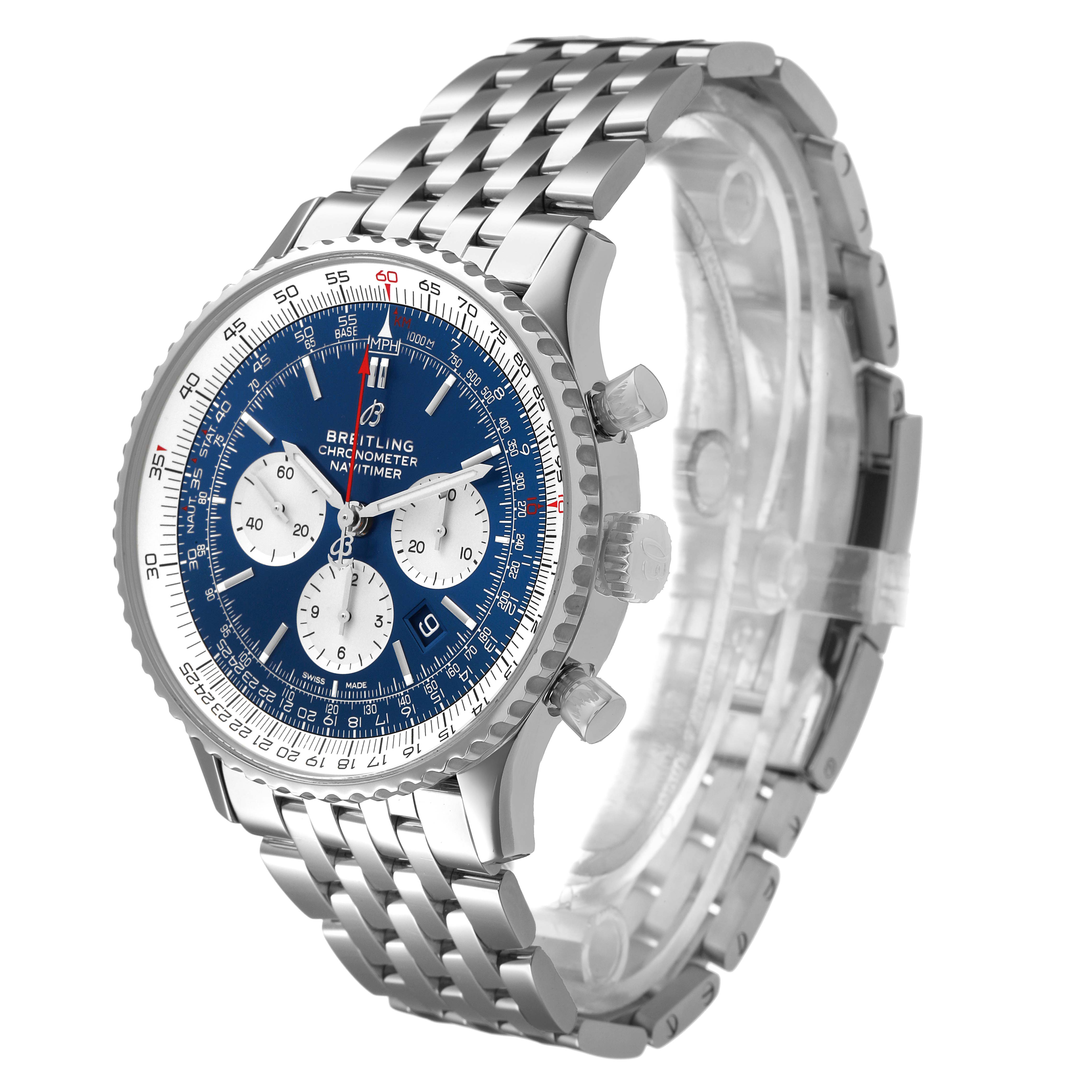 The Breitling Navitimer AB0127211C2A1 Men's Stainless Steel Blue Dial watch is shown at an angled perspective, displaying the face, bezel, crown, pushers, and bracelet.