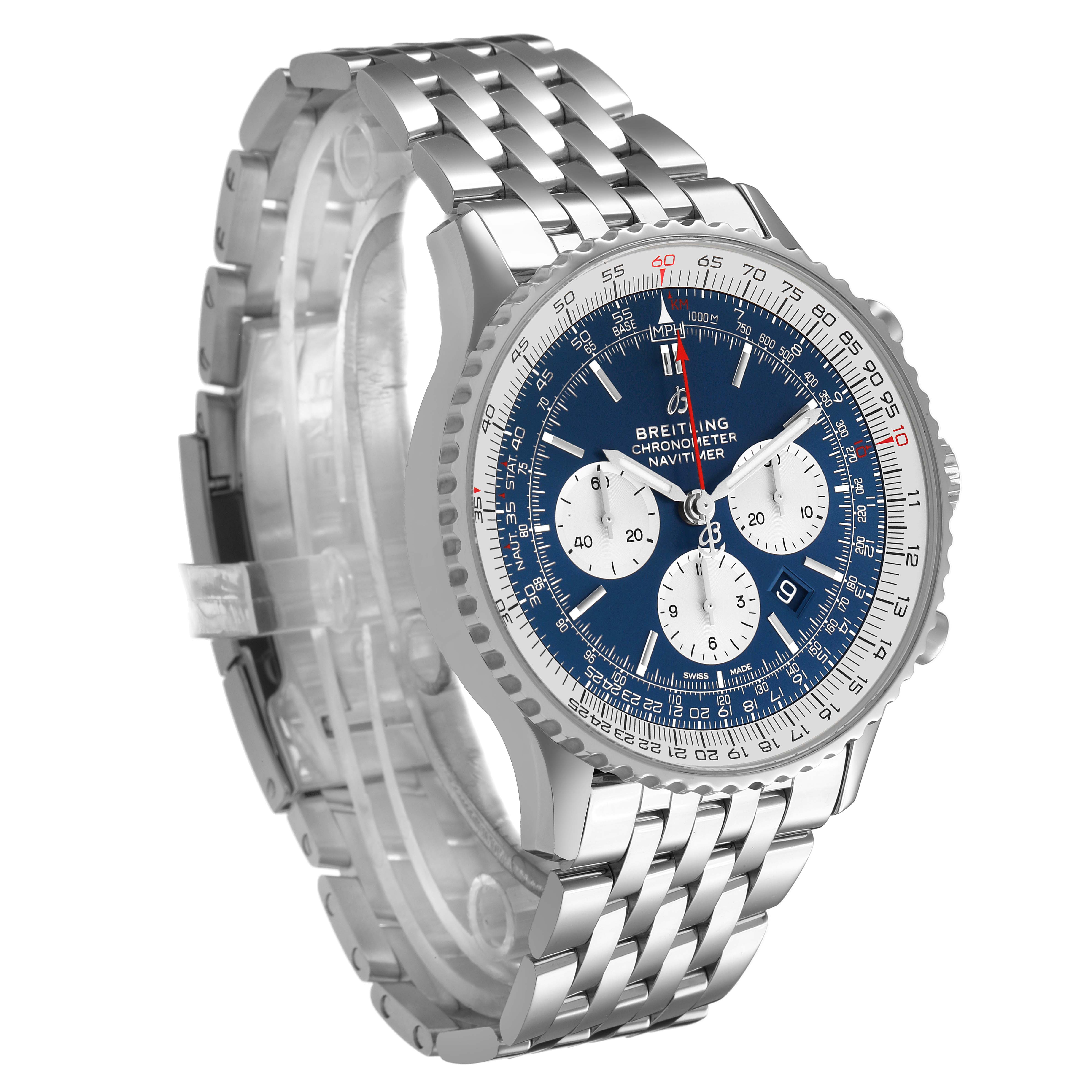The image shows a Breitling Navitimer AB0127211C2A1 Men's Stainless Steel Blue Dial watch at a three-quarter angle, highlighting the dial, bezel, and metal bracelet.