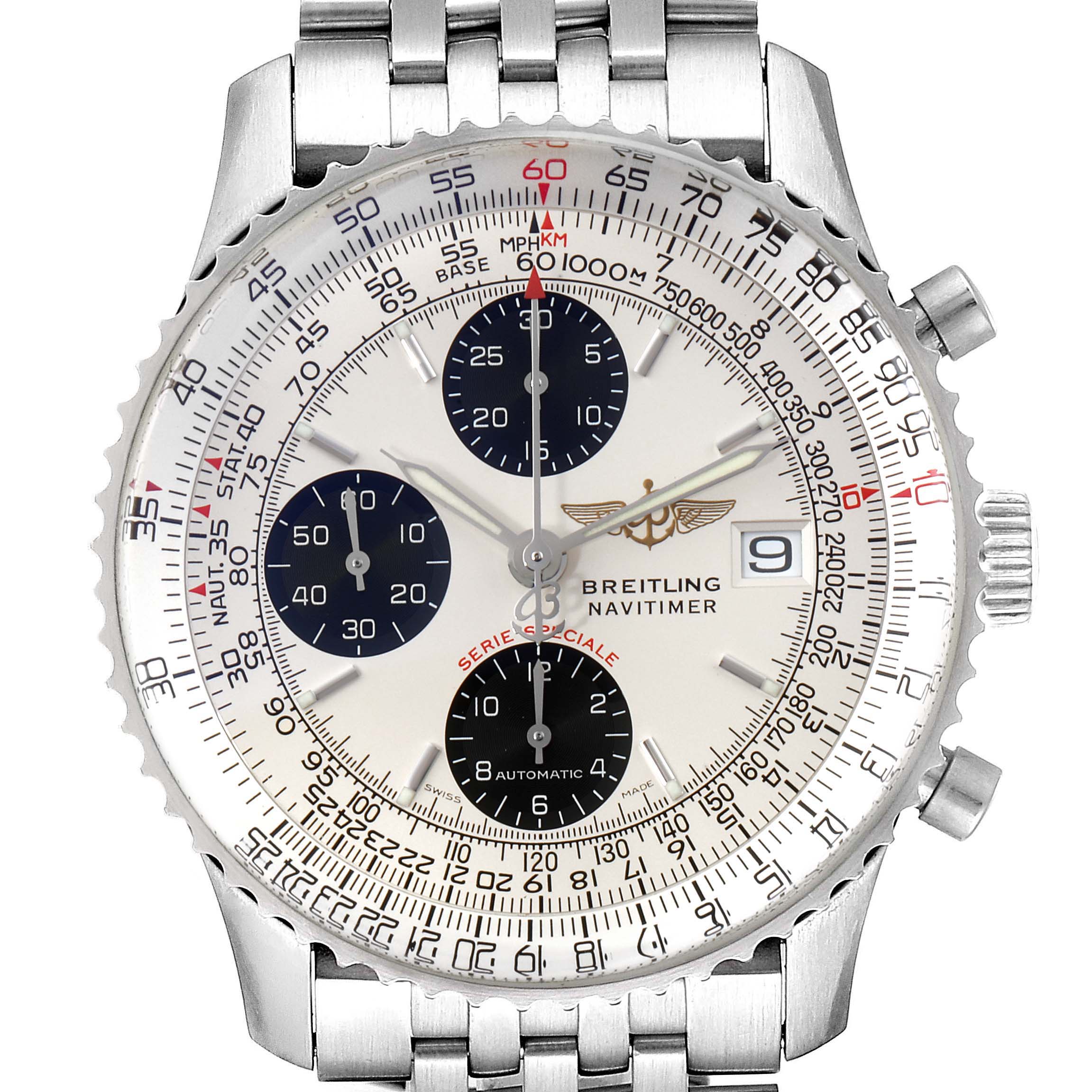 The image shows a front view of the Breitling Navitimer A13330 Men's Stainless Steel Silver Dial A13330 Men's Stainless Steel Silver Dial watch, showcasing its dial, bezel, chronograph subdials, and a metal bracelet.