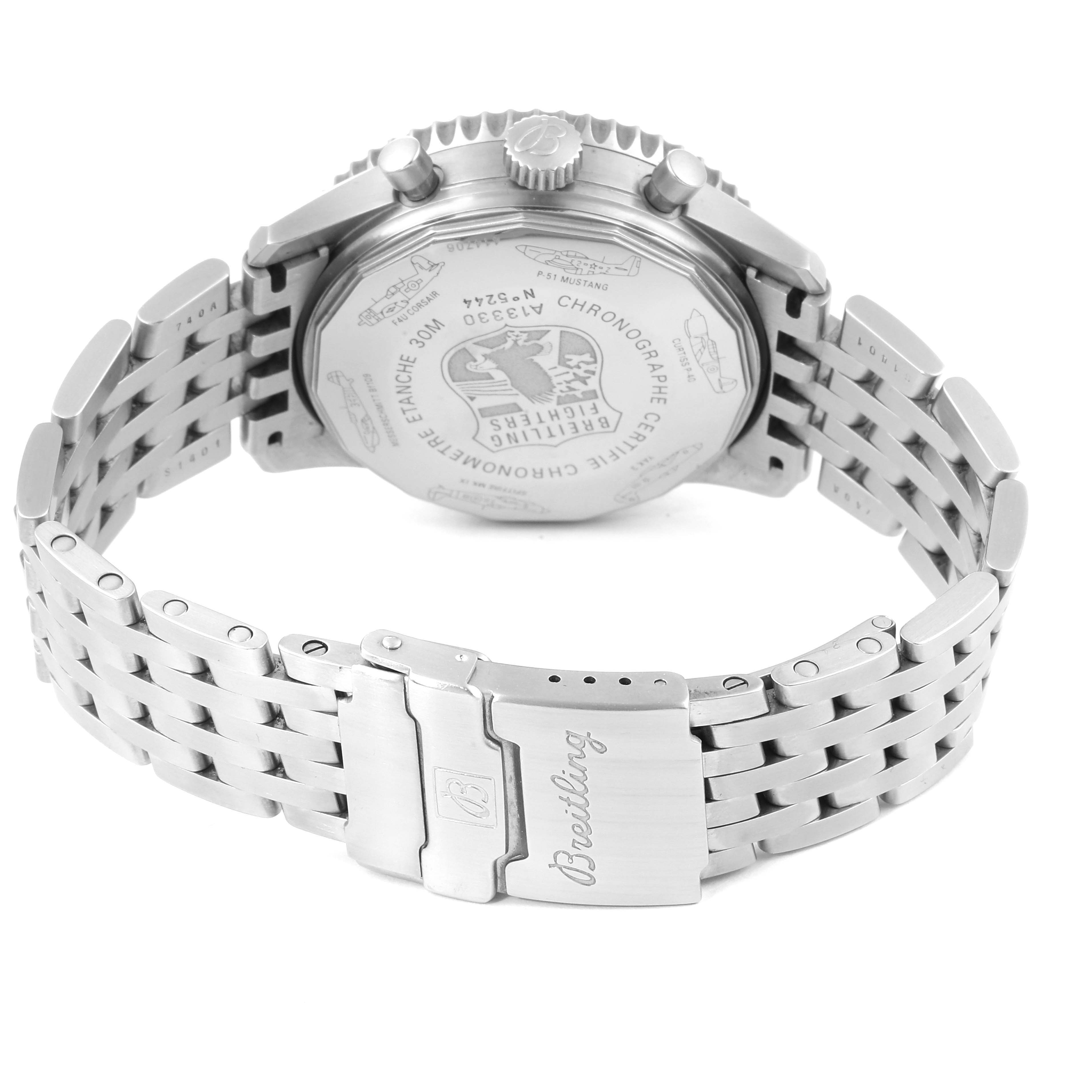 The image shows the back view of a Breitling Navitimer A13330 Men's Stainless Steel Silver Dial A13330 Men's Stainless Steel Silver Dial watch, highlighting the engraved case back and stainless steel bracelet.