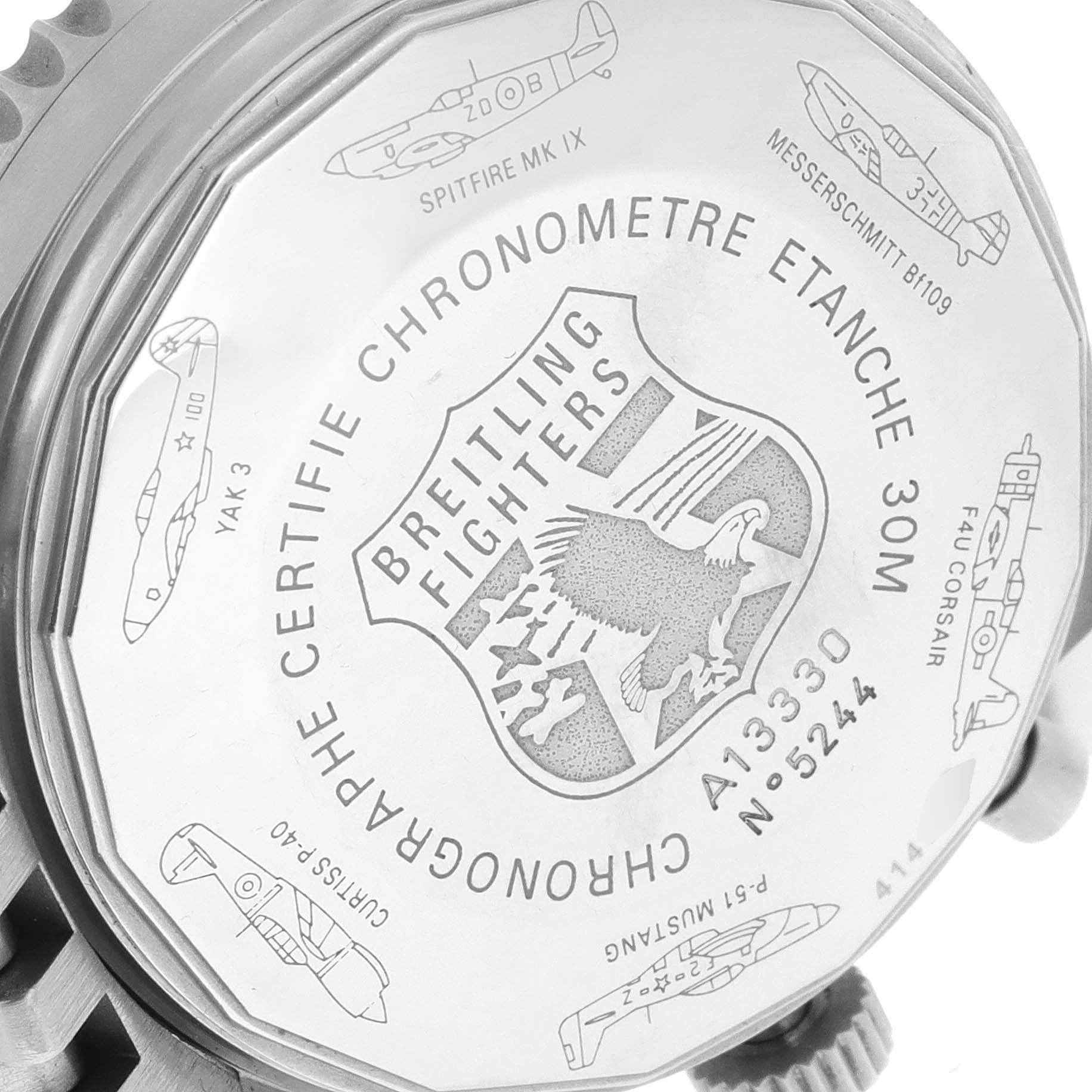 This image shows the back casing of a Breitling Navitimer A13330 Men's Stainless Steel Silver Dial A13330 Men's Stainless Steel Silver Dial watch, featuring aviation-themed engravings.