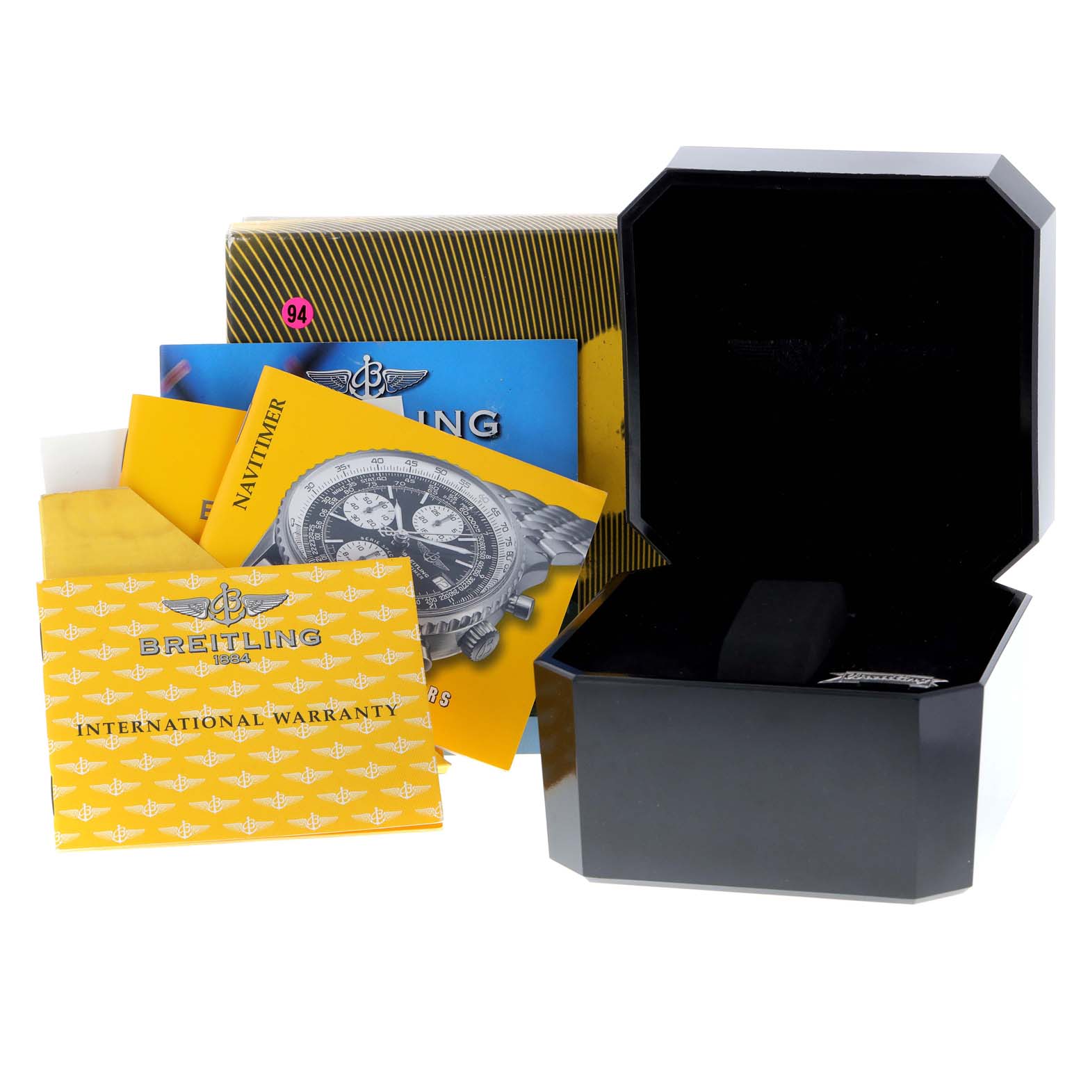 The image shows a Breitling Navitimer A13330 Men's Stainless Steel Silver Dial A13330 Men's Stainless Steel Silver Dial watch box, manual, international warranty card, and additional documentation from a front angle.