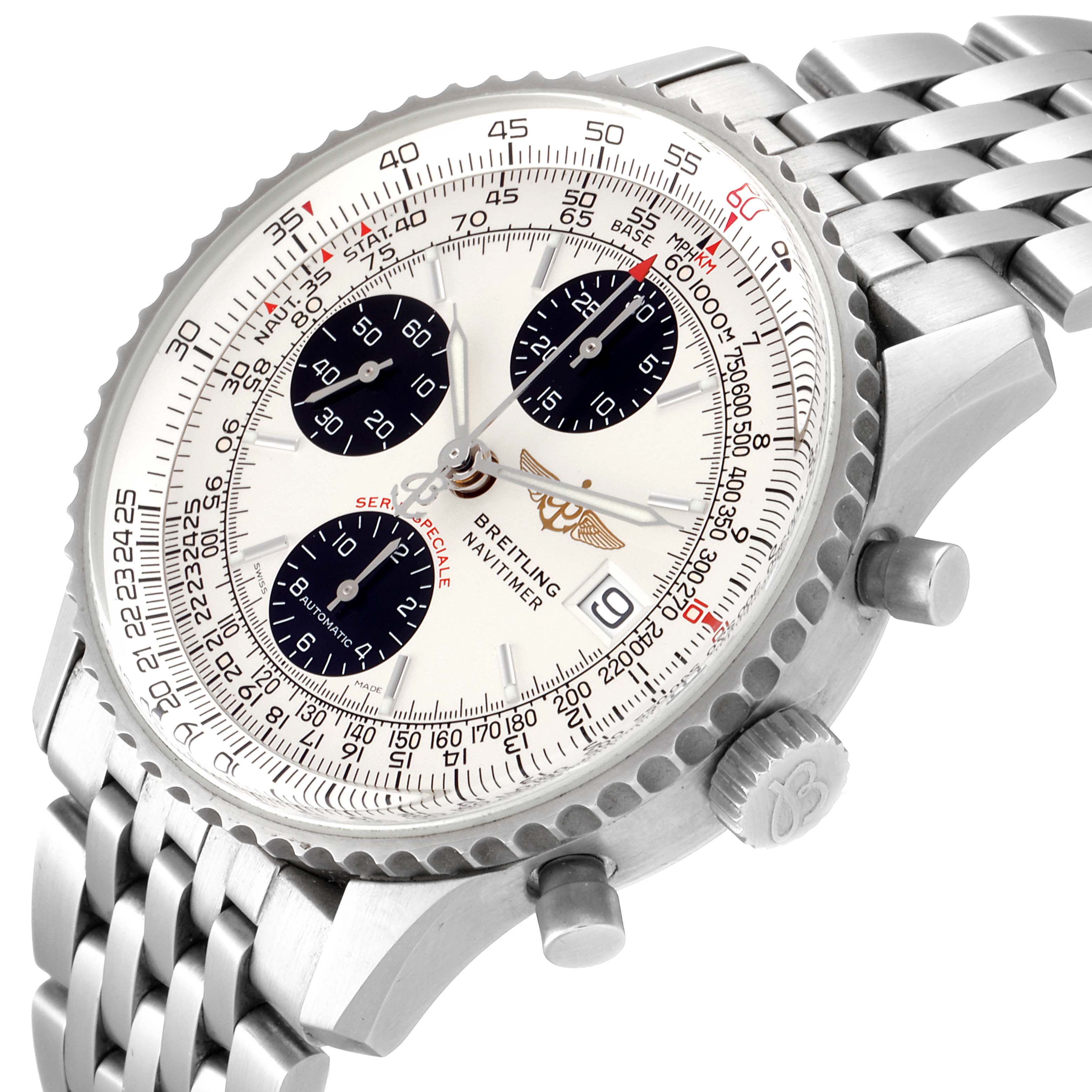 The image shows a Breitling Navitimer A13330 Men's Stainless Steel Silver Dial A13330 Men's Stainless Steel Silver Dial watch from an angled top view, highlighting its dial, bezel, and stainless steel bracelet.